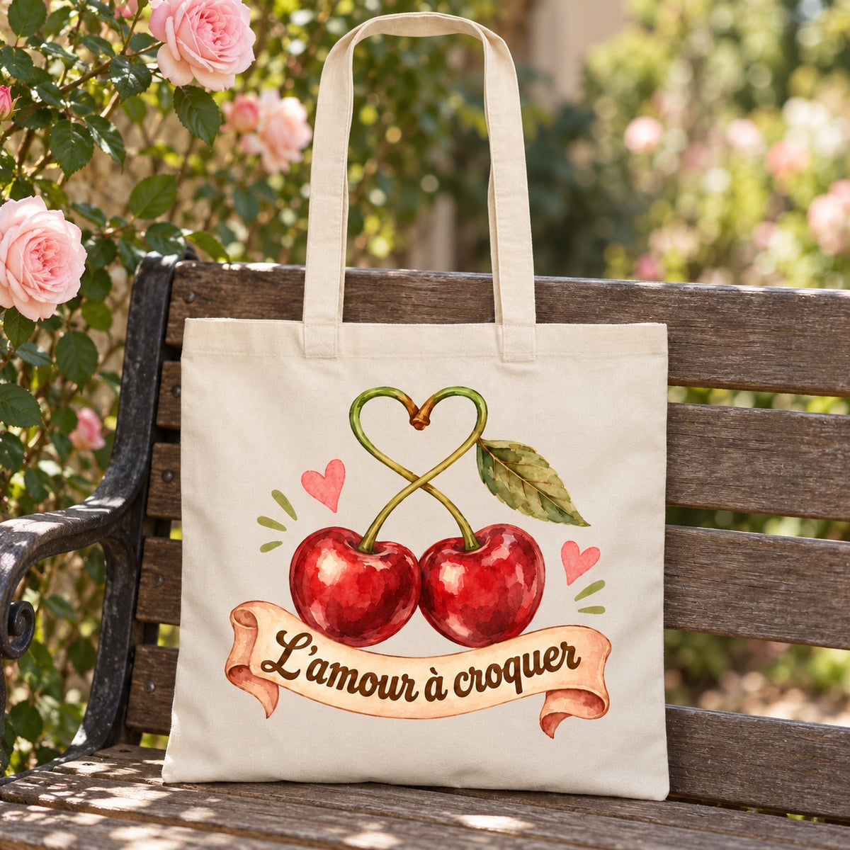 Tote bag « L’amour à croquer » Essentiel appuyé contre un banc de jardin près d'un rosier