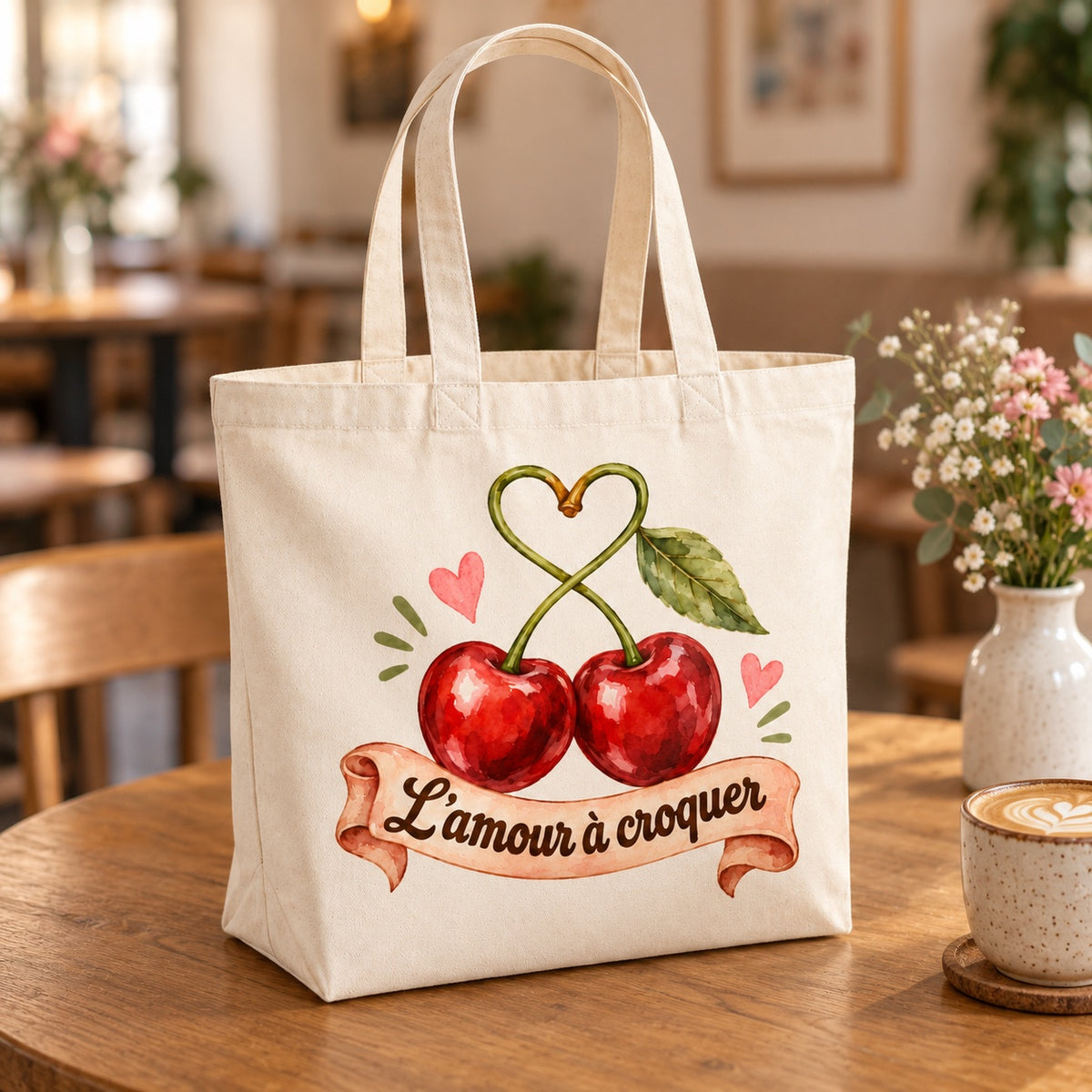 Tote bag « L’amour à croquer » Premium posé sur une table de café