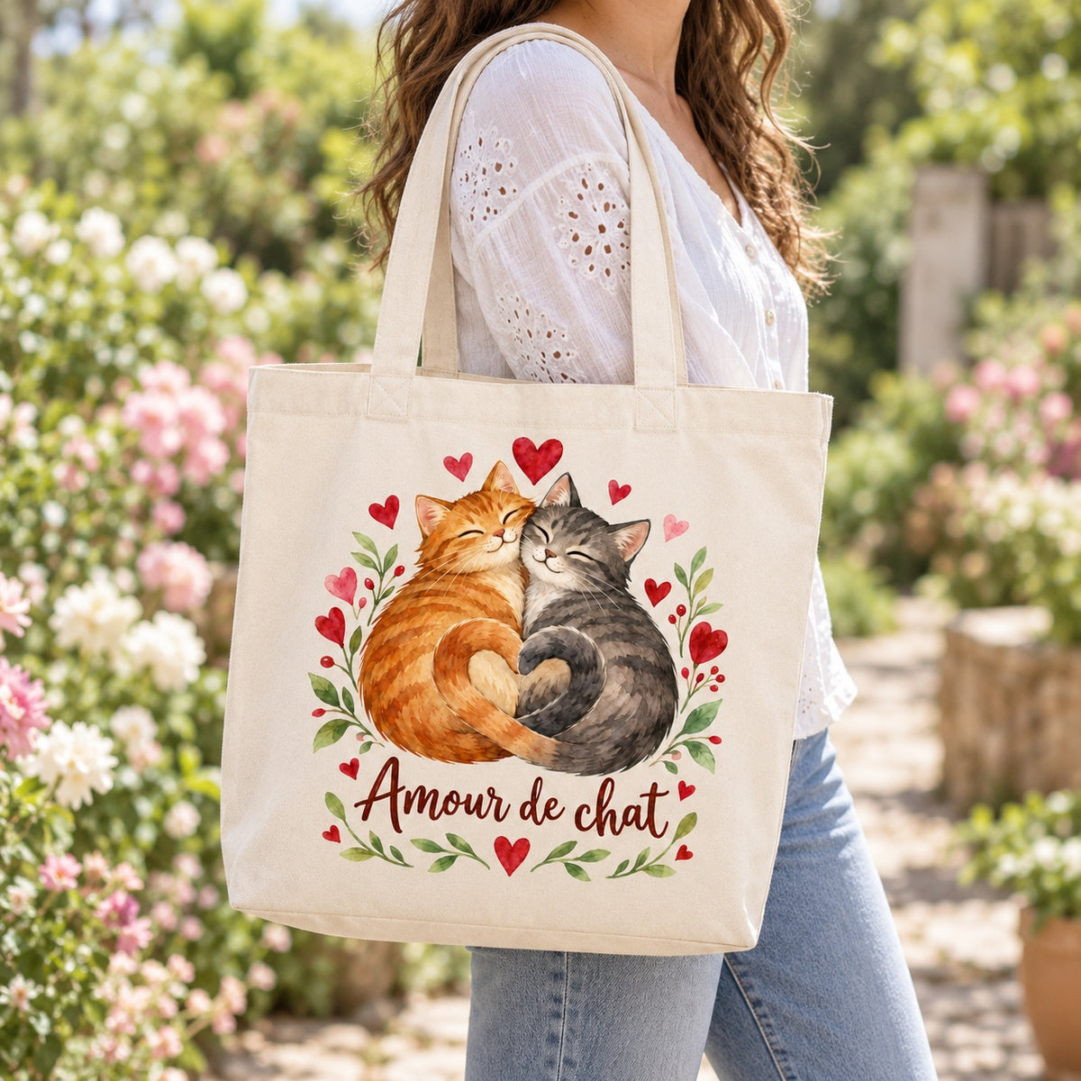 Tote bag « Amour de chat » Premium porté à l'épaule dans un jardin fleuri