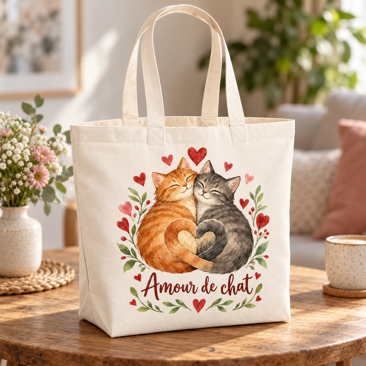 Tote bag « Amour de chat » Premium posé sur une table de café
