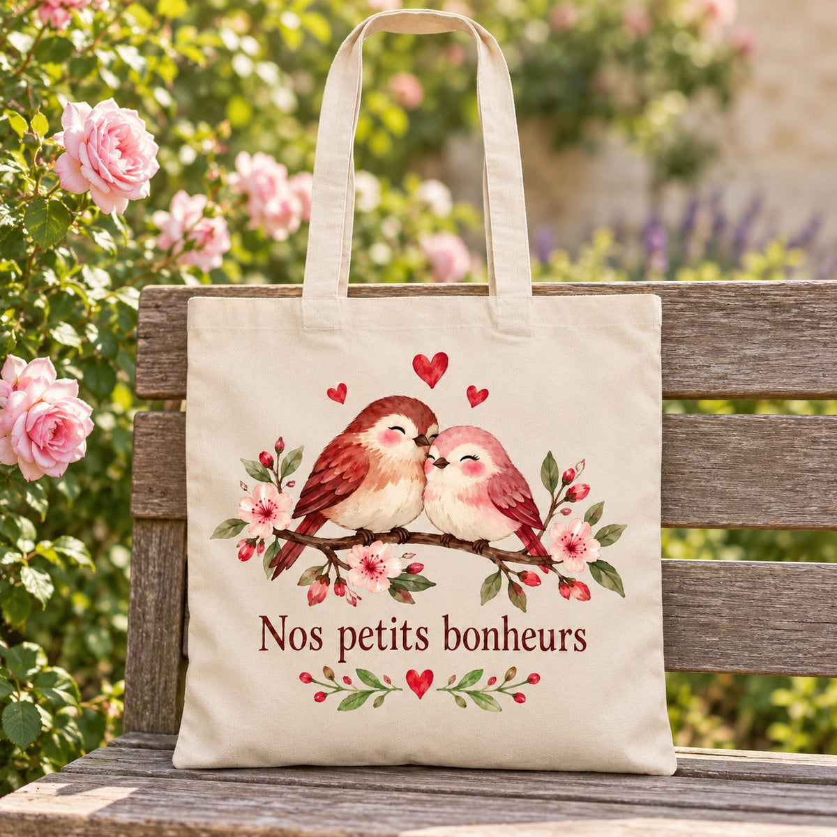 Tote bag « Nos petits bonheurs » Essentiel appuyé contre un banc de jardin près d'un rosier