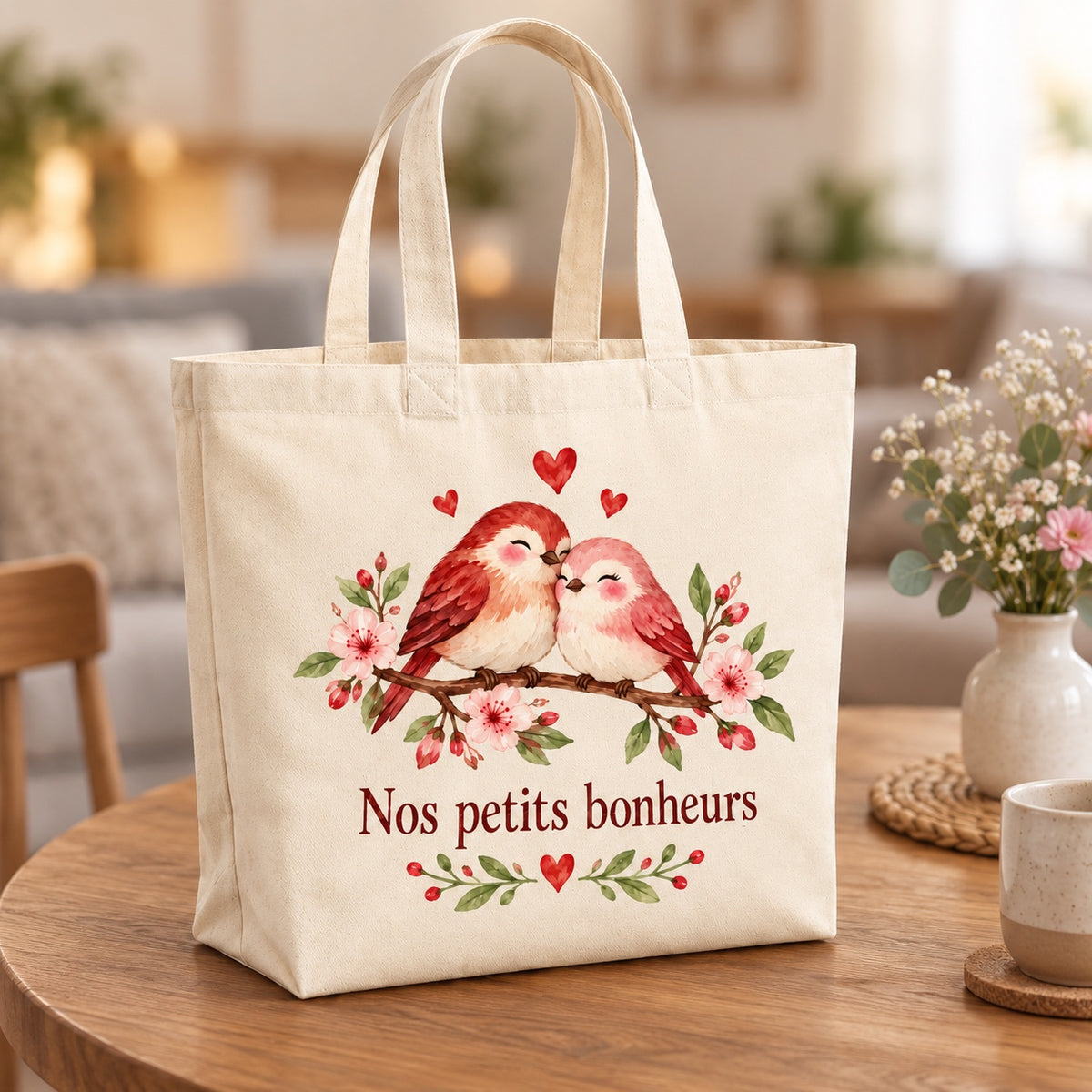 Tote bag « Nos petits bonheurs » Premium posé sur une table de café