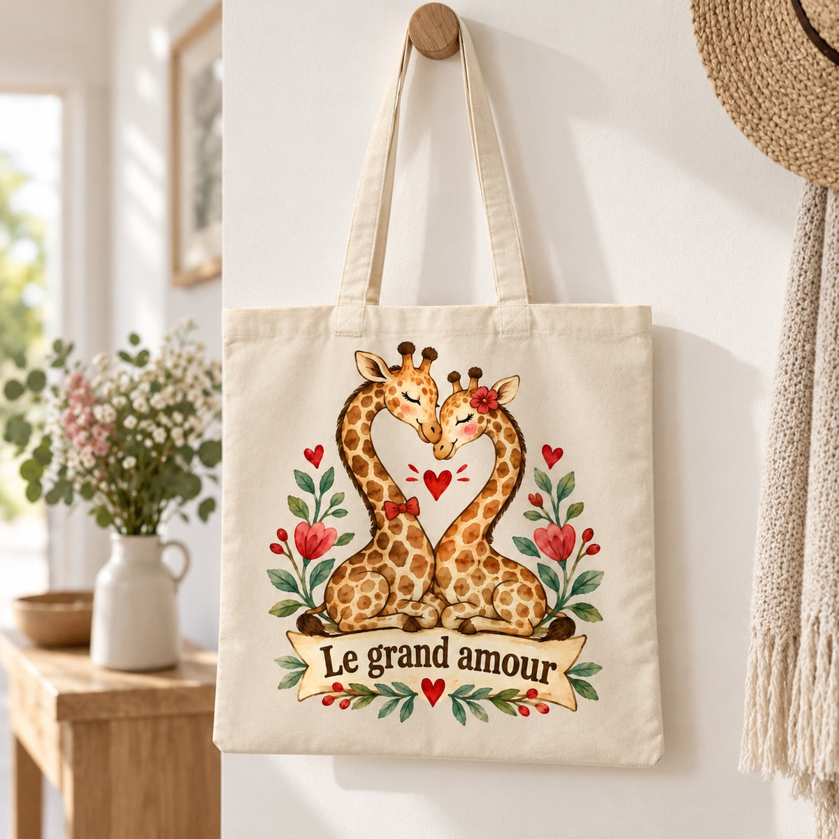 Tote bag « Le grand amour » Essentiel suspendu à une patère dans une entrée lumineuse