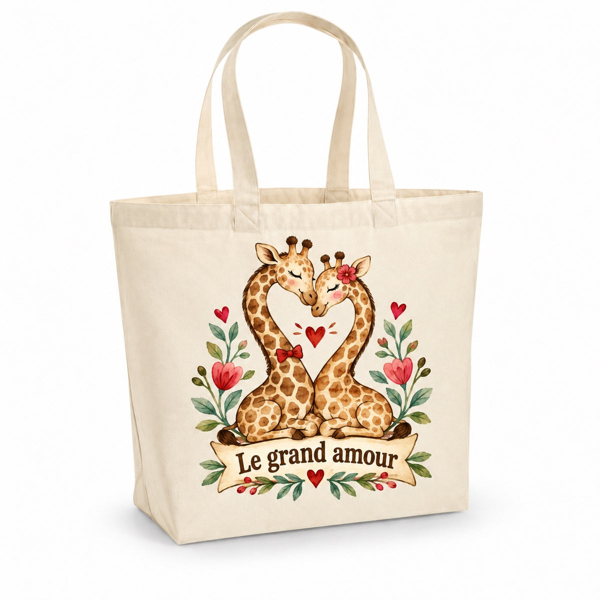 Tote bag « Le grand amour » Premium, cabas à soufflet en coton naturel 200 g/m² de 18 litres, illustration aquarelle rétro