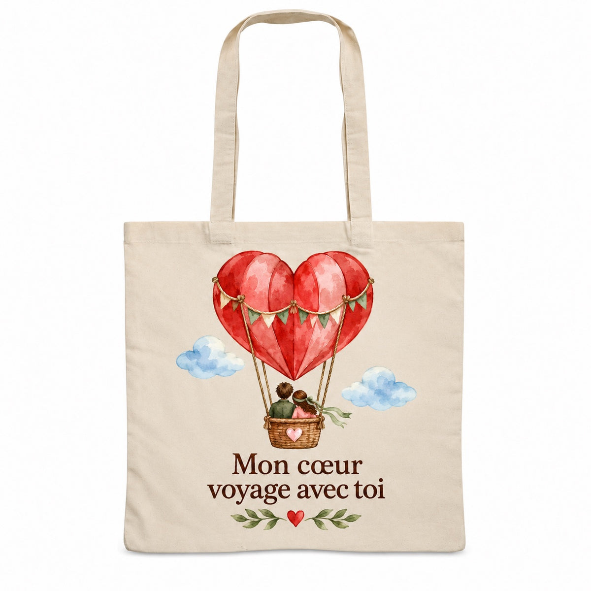 Tote bag « Mon cœur voyage avec toi » Essentiel, sac plat en coton naturel 140 g/m² de 38 × 42 cm, illustration aquarelle rétro : une montgolfière en cœur