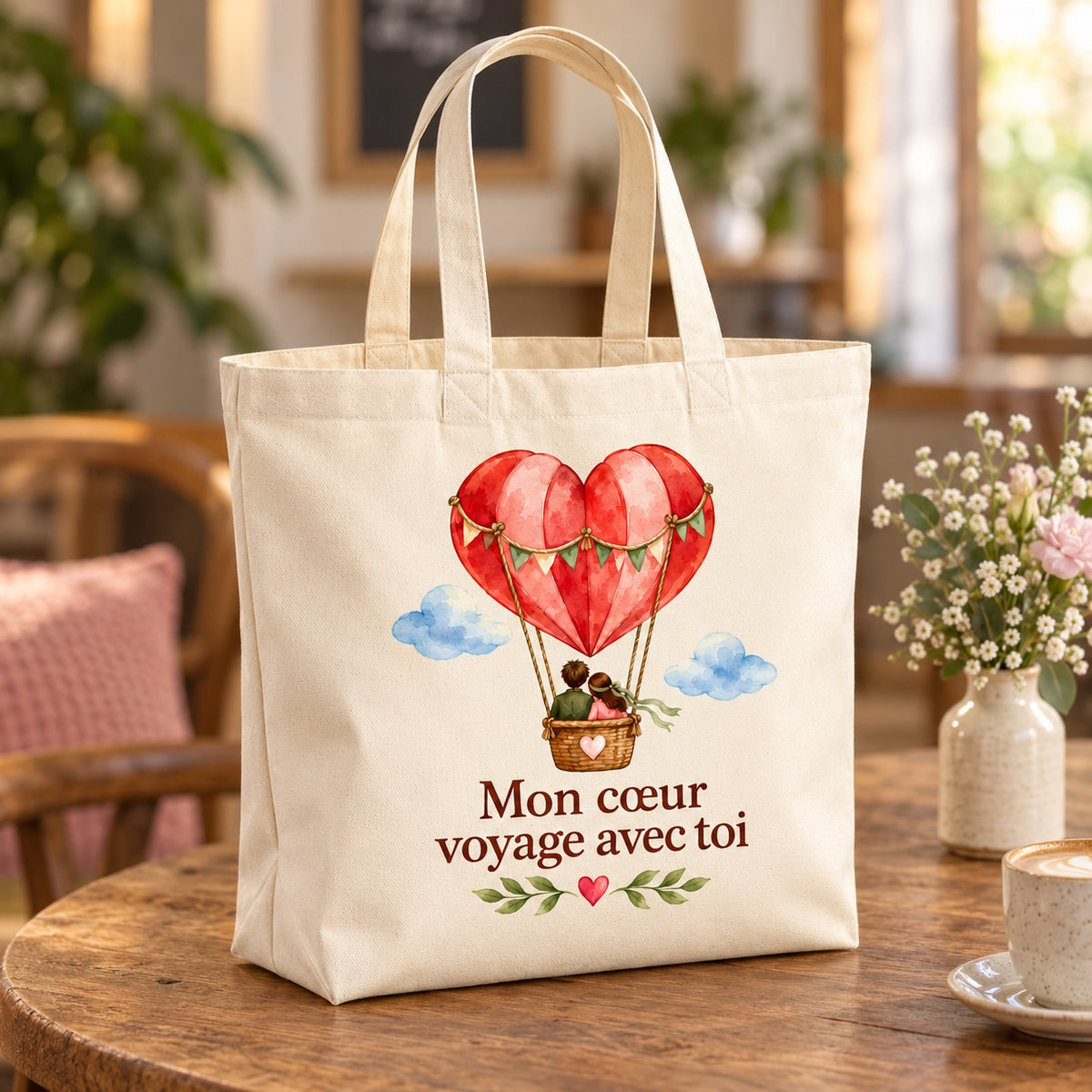 Tote bag « Mon cœur voyage avec toi » Premium posé sur une table de café