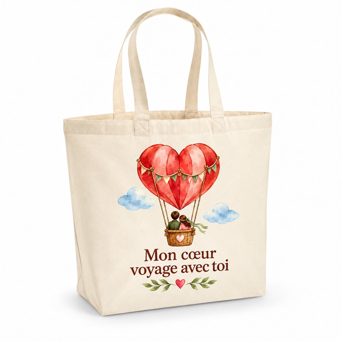 Tote bag « Mon cœur voyage avec toi » Premium, cabas à soufflet en coton naturel 200 g/m² de 18 litres, illustration aquarelle rétro