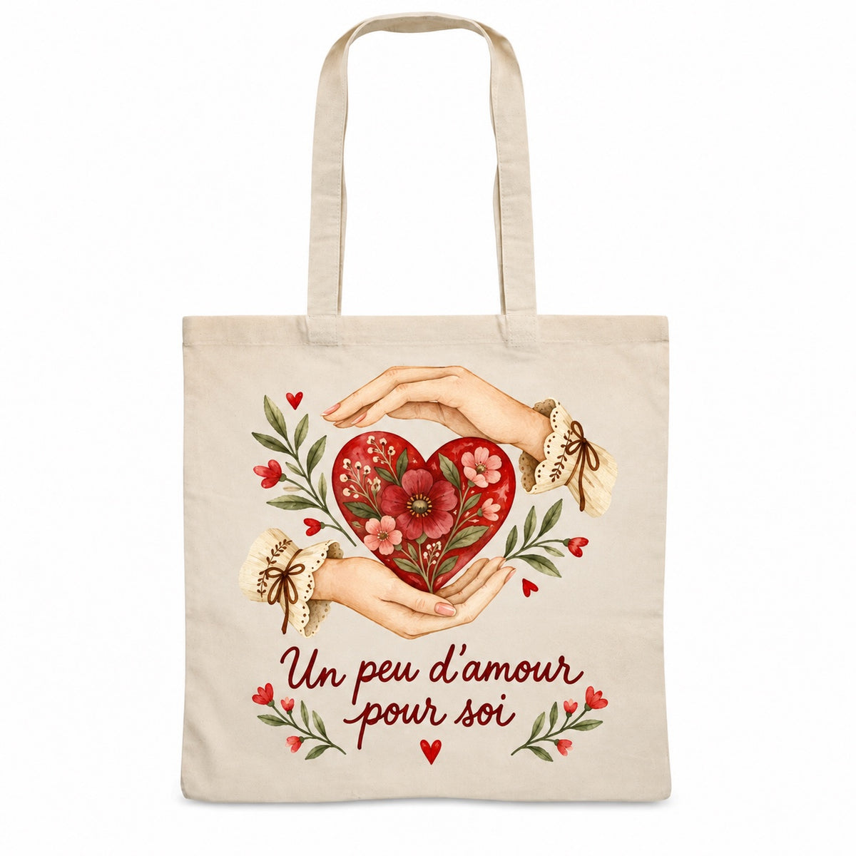 Tote bag « Un peu d’amour pour soi » Essentiel, sac plat en coton naturel 140 g/m² de 38 × 42 cm, illustration aquarelle rétro : deux mains autour d'un cœur fleuri