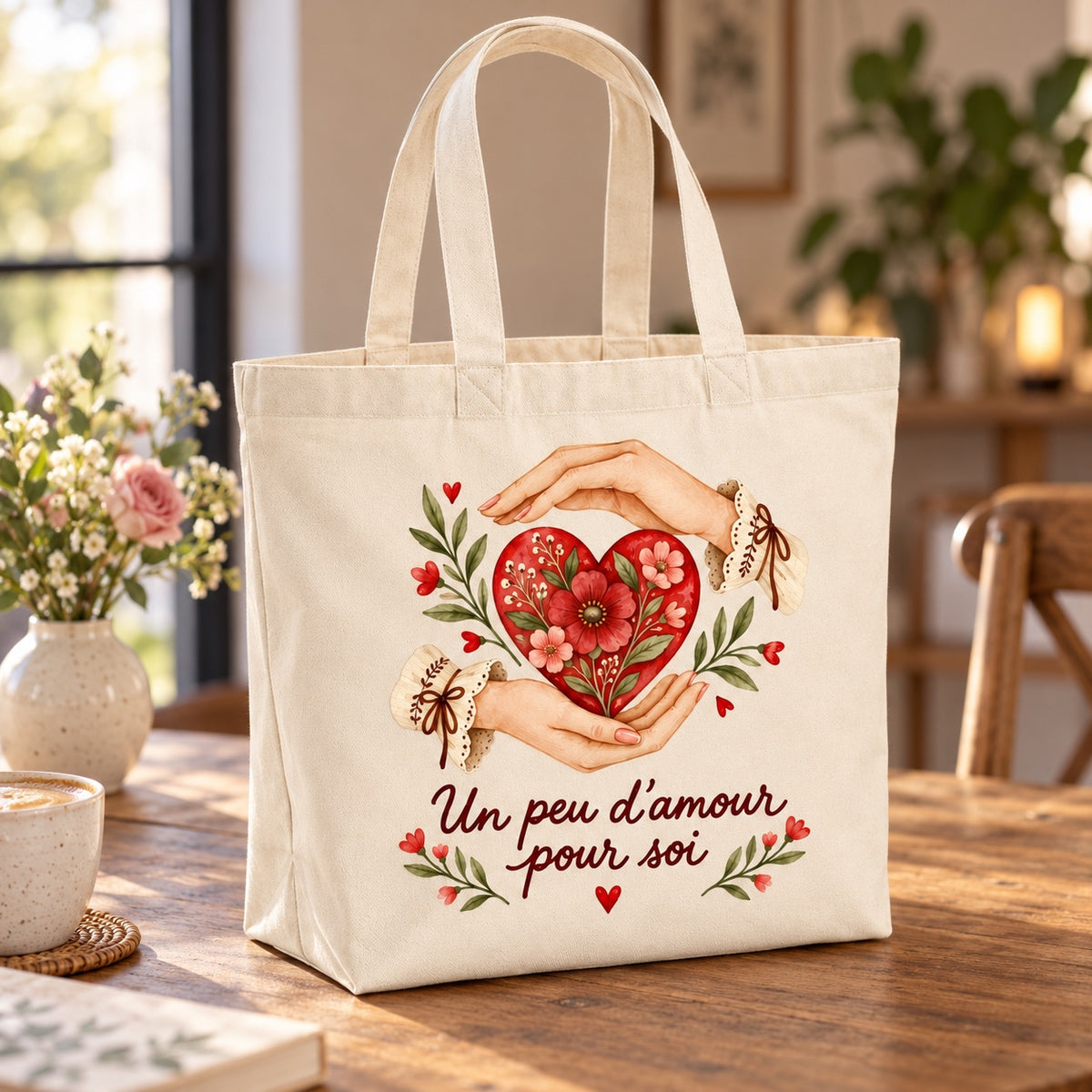Tote bag « Un peu d’amour pour soi » Premium posé sur une table de café