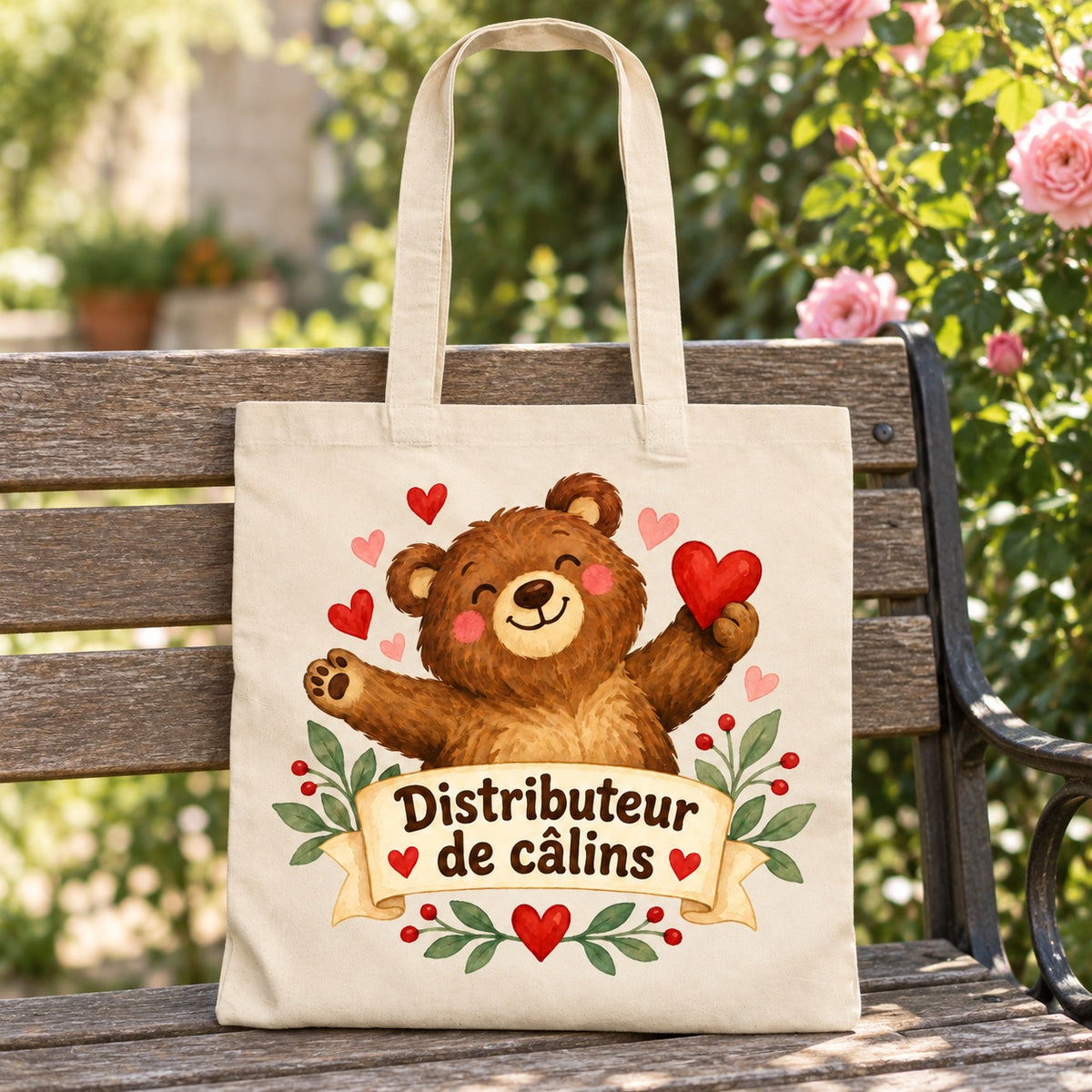 Tote bag « Distributeur de câlins » Essentiel appuyé contre un banc de jardin près d'un rosier