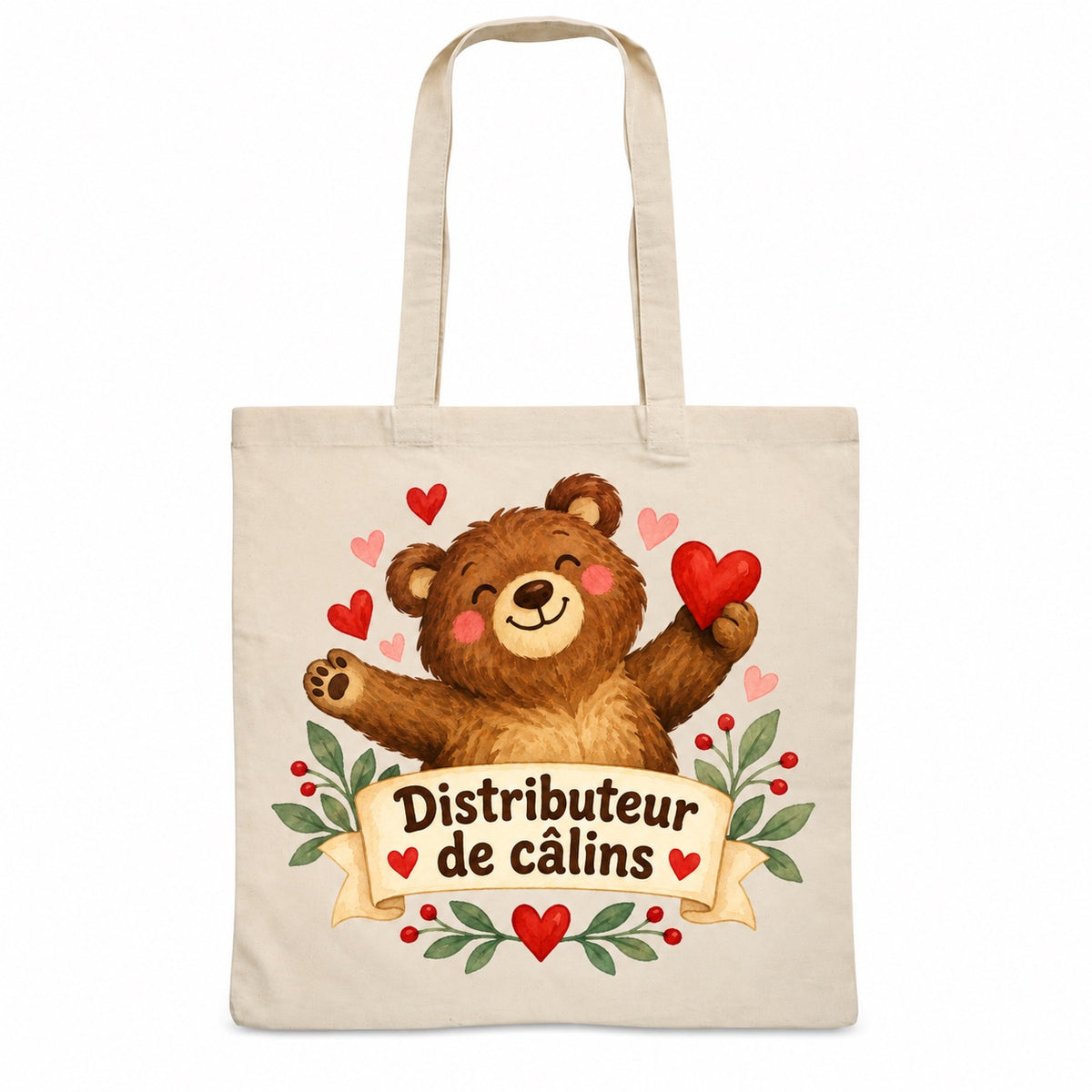Tote bag « Distributeur de câlins » Essentiel, sac plat en coton naturel 140 g/m² de 38 × 42 cm, illustration aquarelle rétro : un ours aux bras ouverts