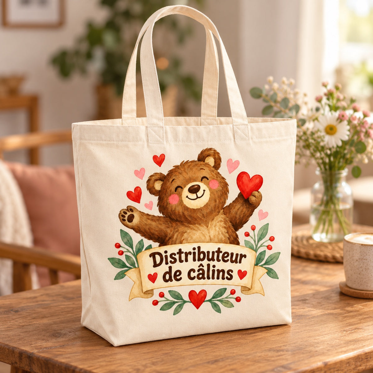 Tote bag « Distributeur de câlins » Premium posé sur une table de café