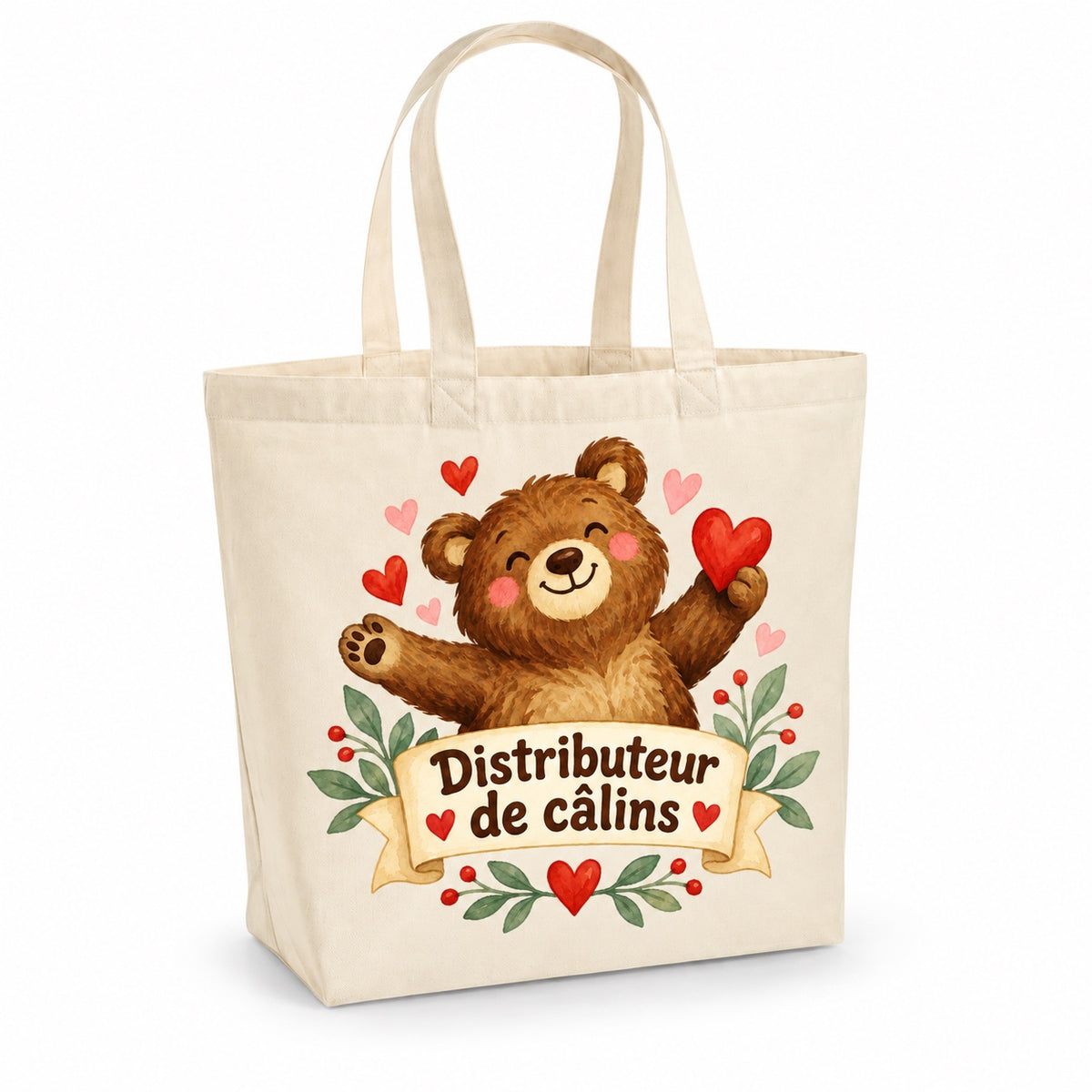 Tote bag « Distributeur de câlins » Premium, cabas à soufflet en coton naturel 200 g/m² de 18 litres, illustration aquarelle rétro
