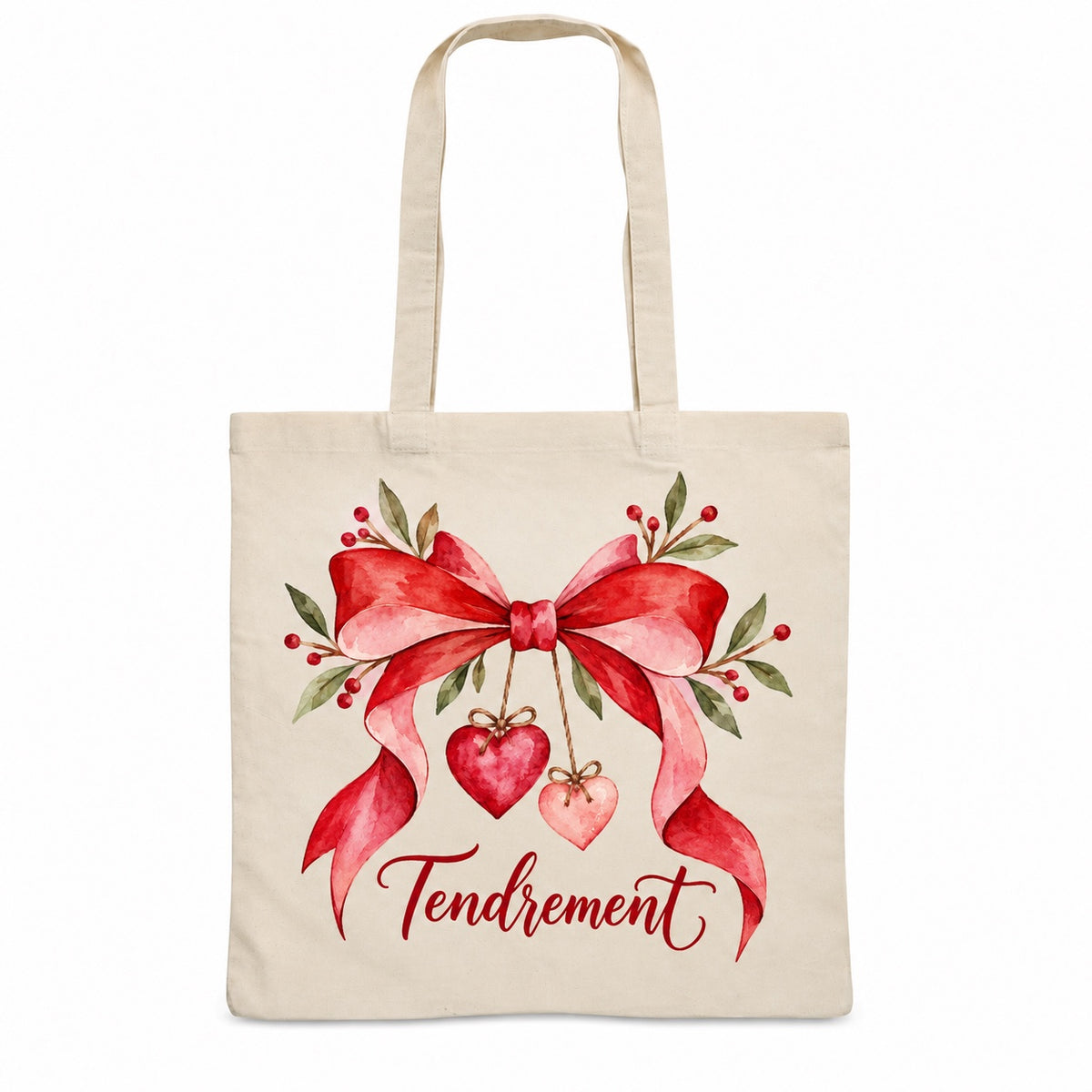 Tote bag « Tendrement » Essentiel, sac plat en coton naturel 140 g/m² de 38 × 42 cm, illustration aquarelle rétro : un nœud de ruban et deux petits cœurs
