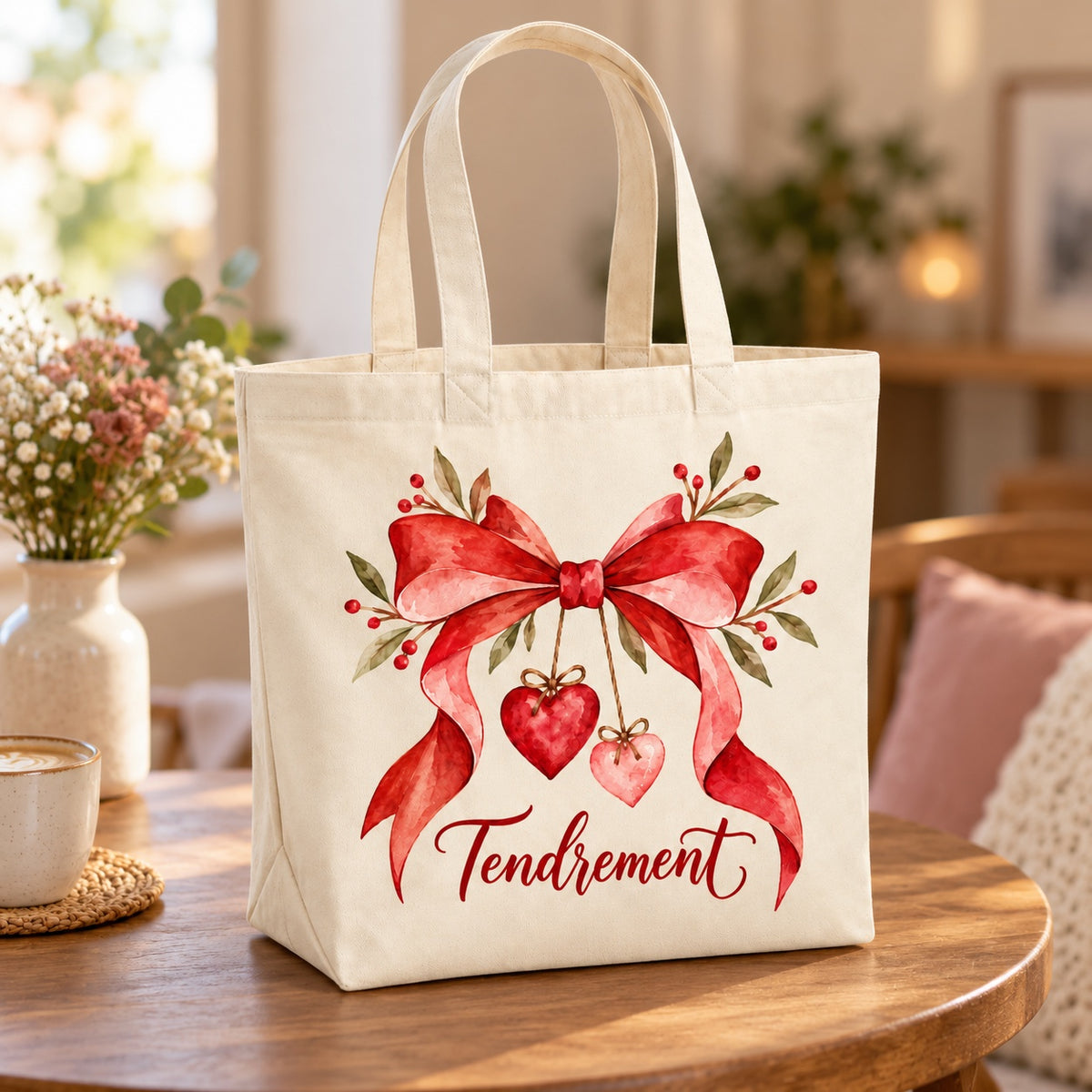 Tote bag « Tendrement » Premium posé sur une table de café