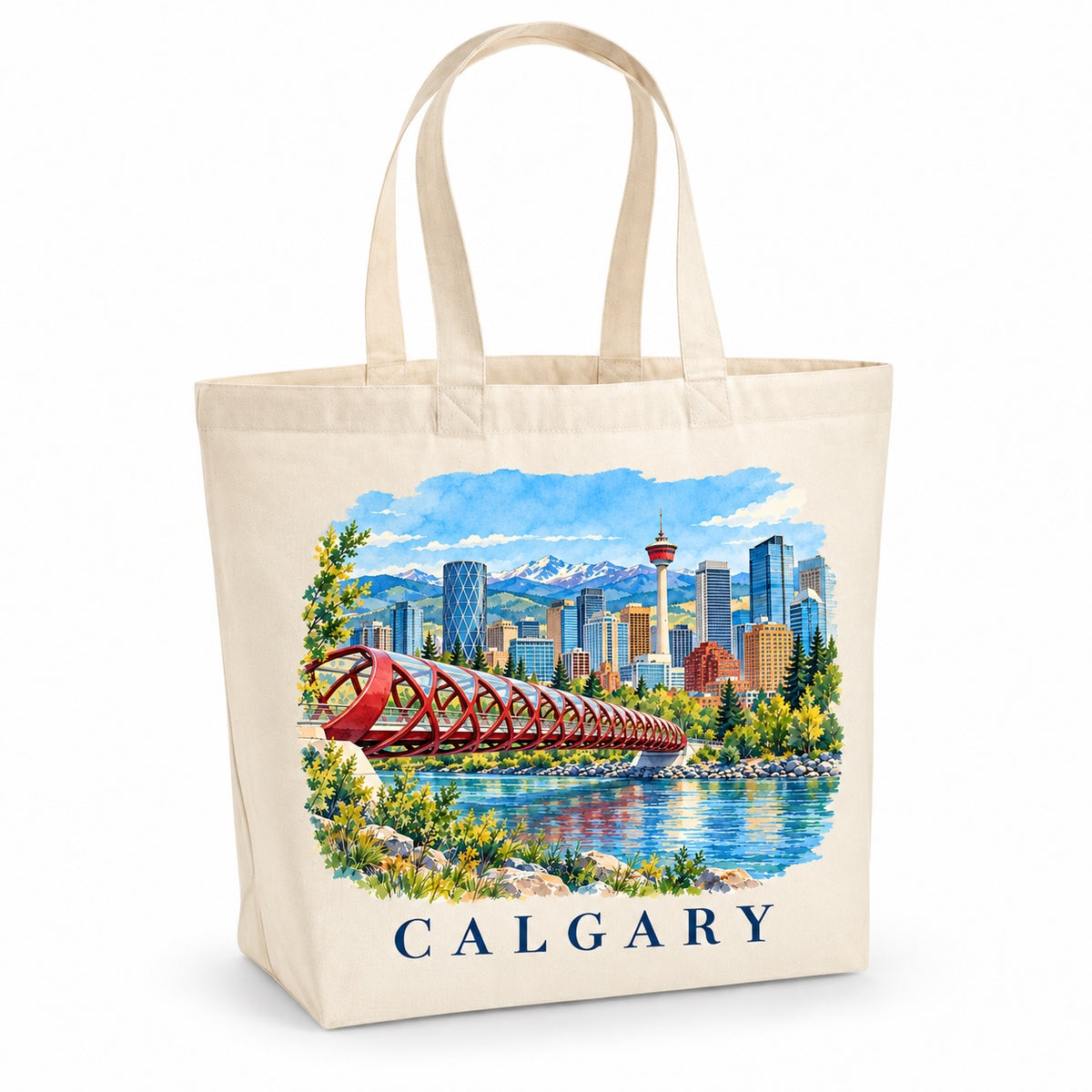 Tote bag Calgary Premium, cabas à soufflet en coton naturel 200 g/m² de 18 litres, illustration aquarelle façon carnet de voyage du Peace Bridge, de la Calgary Tower et de la rivière Bow