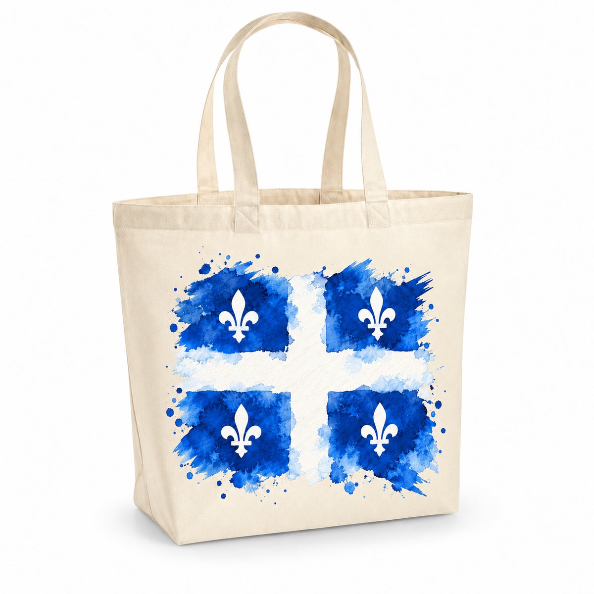 Tote bag Drapeau du Québec Premium, cabas à soufflet en coton naturel 200 g/m² de 18 litres, aquarelle du fleurdelisé, drapeau du Québec