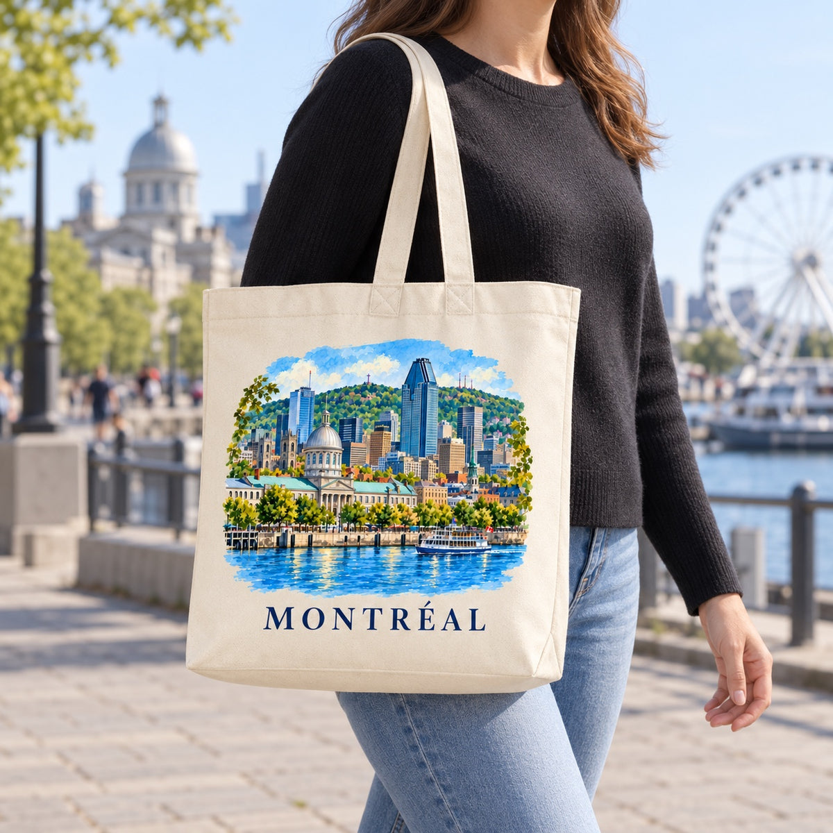 Tote bag Montréal Premium porté à l'épaule