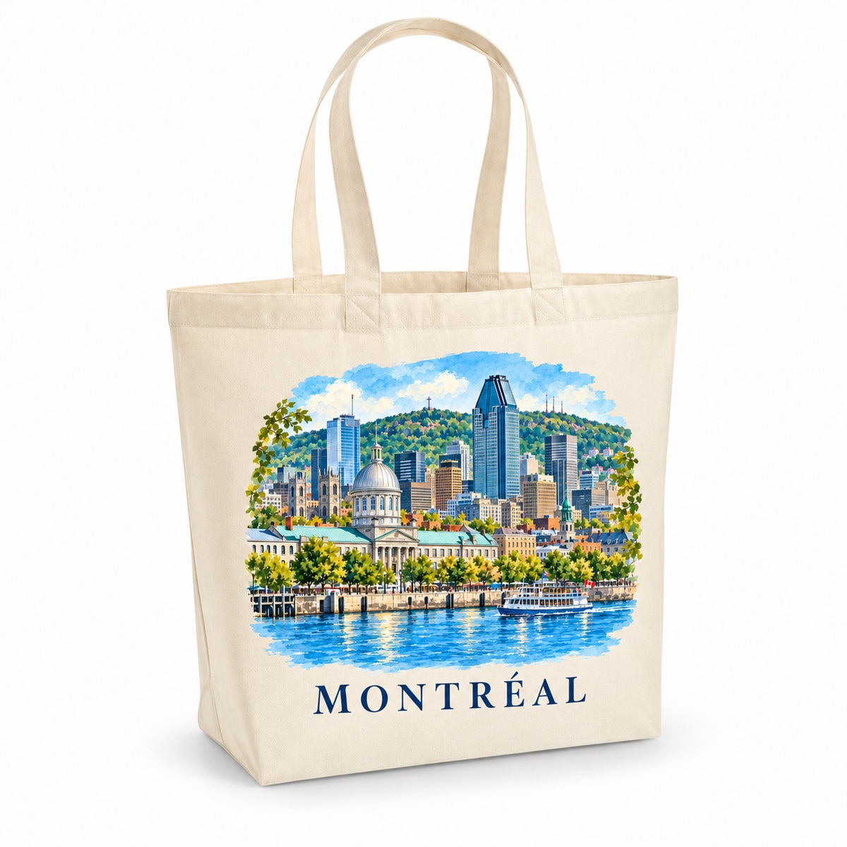 Tote bag Montréal Premium, cabas à soufflet en coton naturel 200 g/m² de 18 litres, illustration aquarelle façon carnet de voyage du Vieux-Port, du marché Bonsecours et du mont Royal