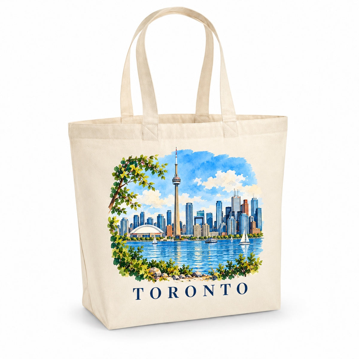 Tote bag Toronto Premium, cabas à soufflet en coton naturel 200 g/m² de 18 litres, illustration aquarelle façon carnet de voyage de la tour CN, du Rogers Centre et du lac Ontario