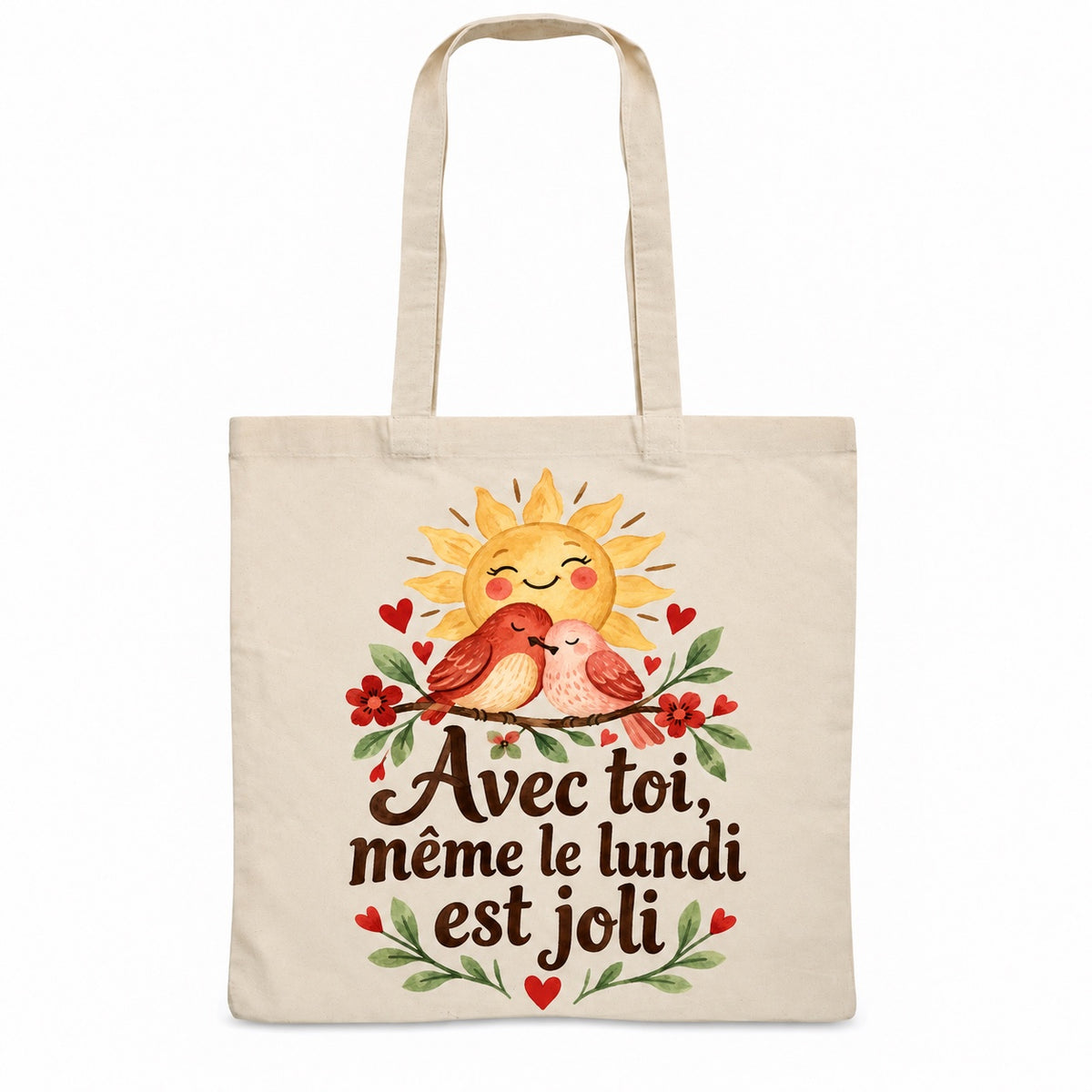 Tote bag « Avec toi, même le lundi est joli » Essentiel, sac plat en coton naturel 140 g/m² de 38 × 42 cm, illustration aquarelle rétro : un soleil souriant et deux oiseaux blottis
