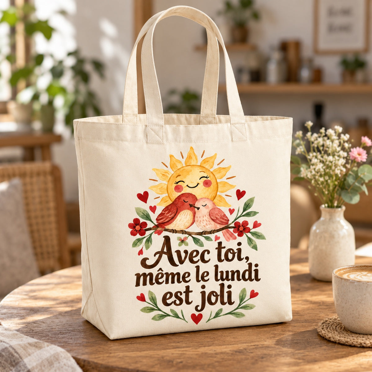 Tote bag « Avec toi, même le lundi est joli » Premium posé sur une table de café
