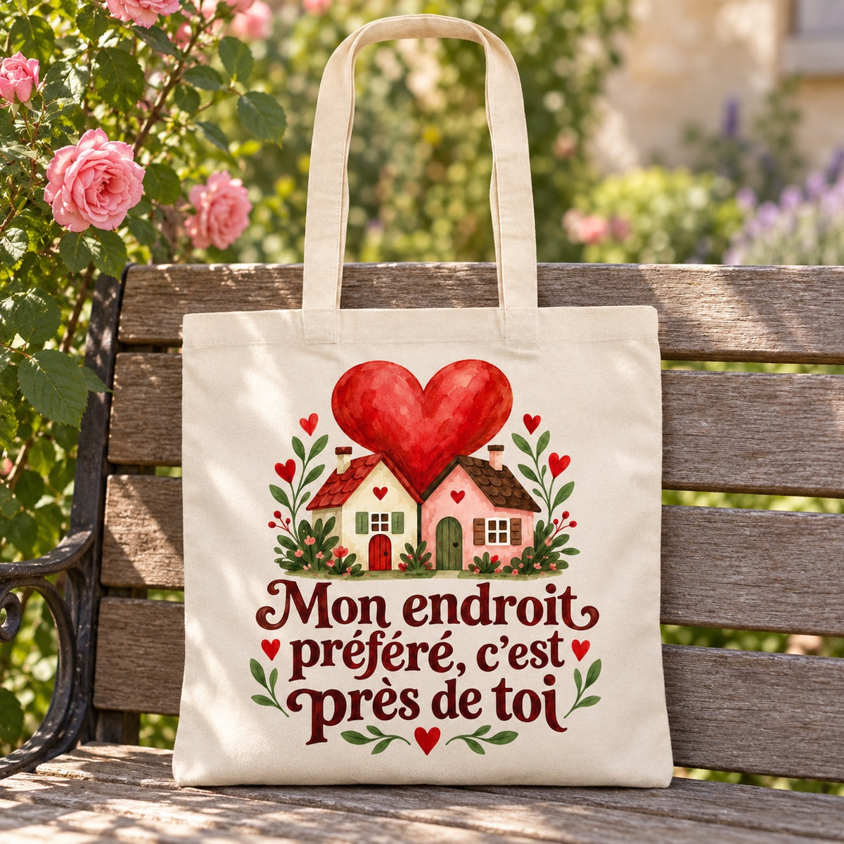 Tote bag « Mon endroit préféré, c’est près de toi » Essentiel appuyé contre un banc de jardin près d'un rosier