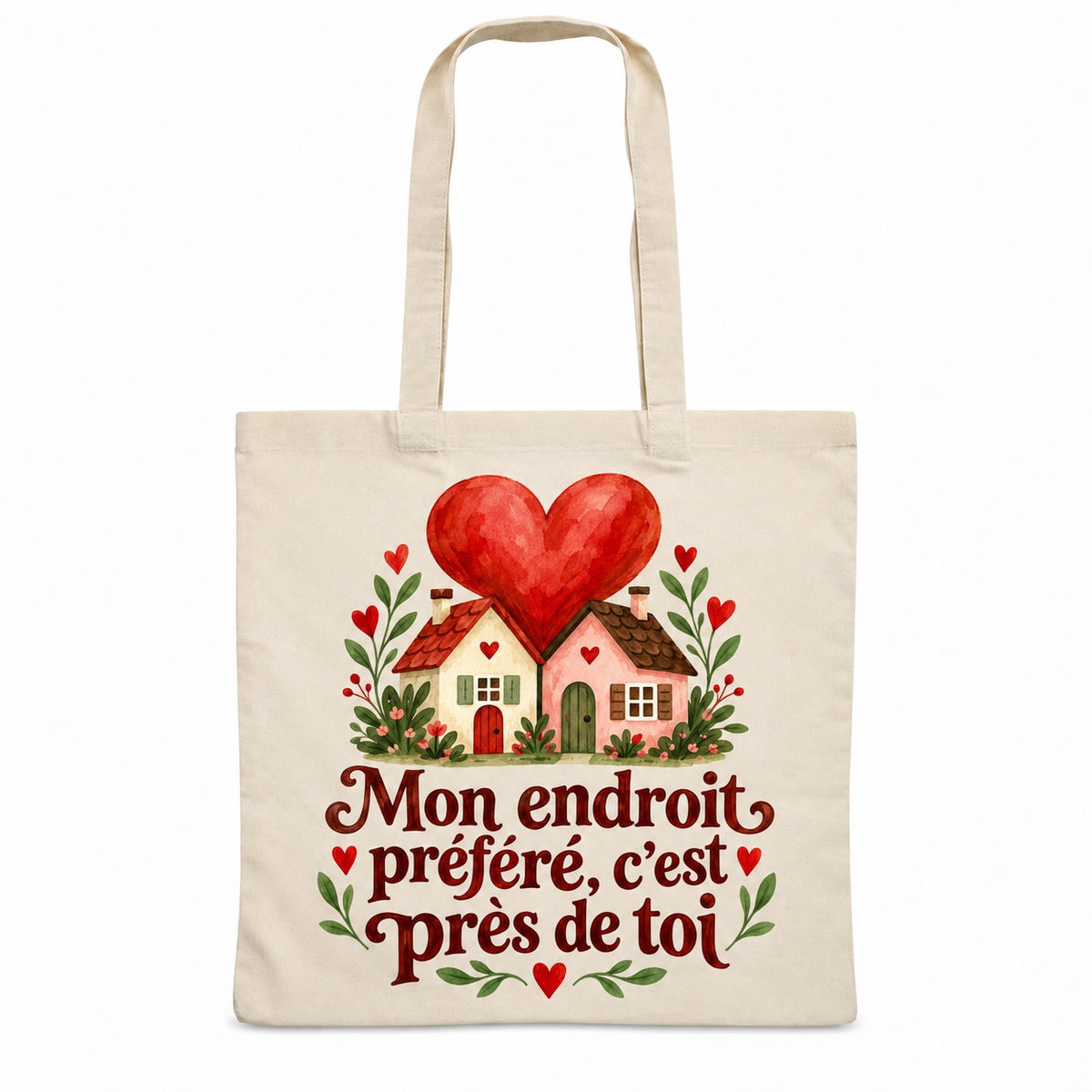Tote bag « Mon endroit préféré, c’est près de toi » Essentiel, sac plat en coton naturel 140 g/m² de 38 × 42 cm, illustration aquarelle rétro : deux petites maisons sous un grand cœur