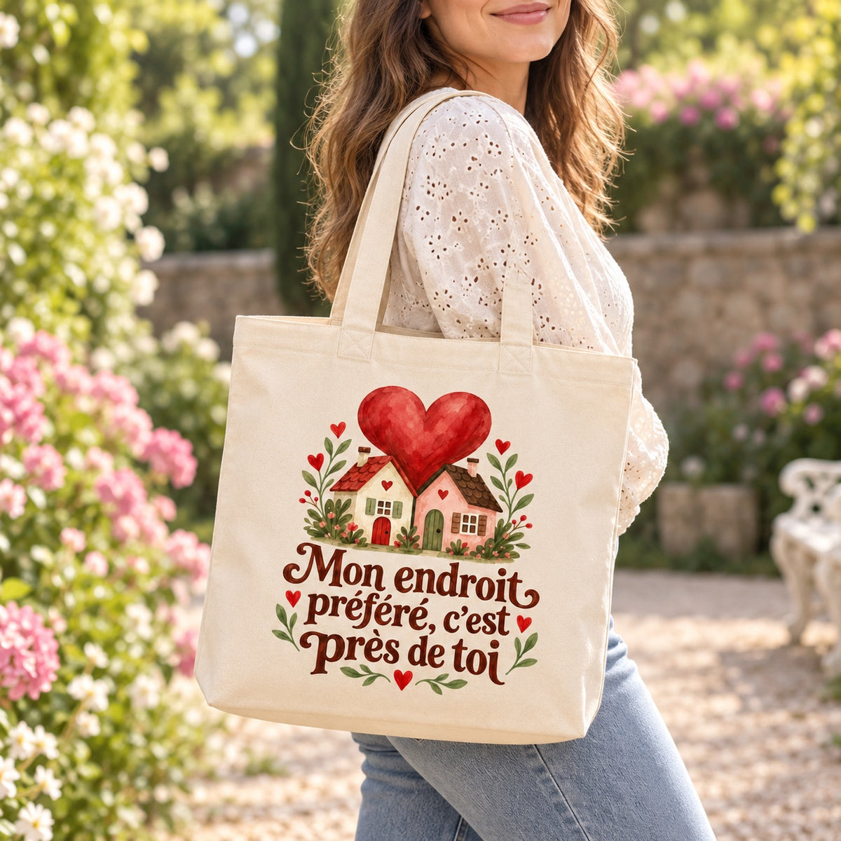 Tote bag « Mon endroit préféré, c’est près de toi » Premium porté à l'épaule dans un jardin fleuri