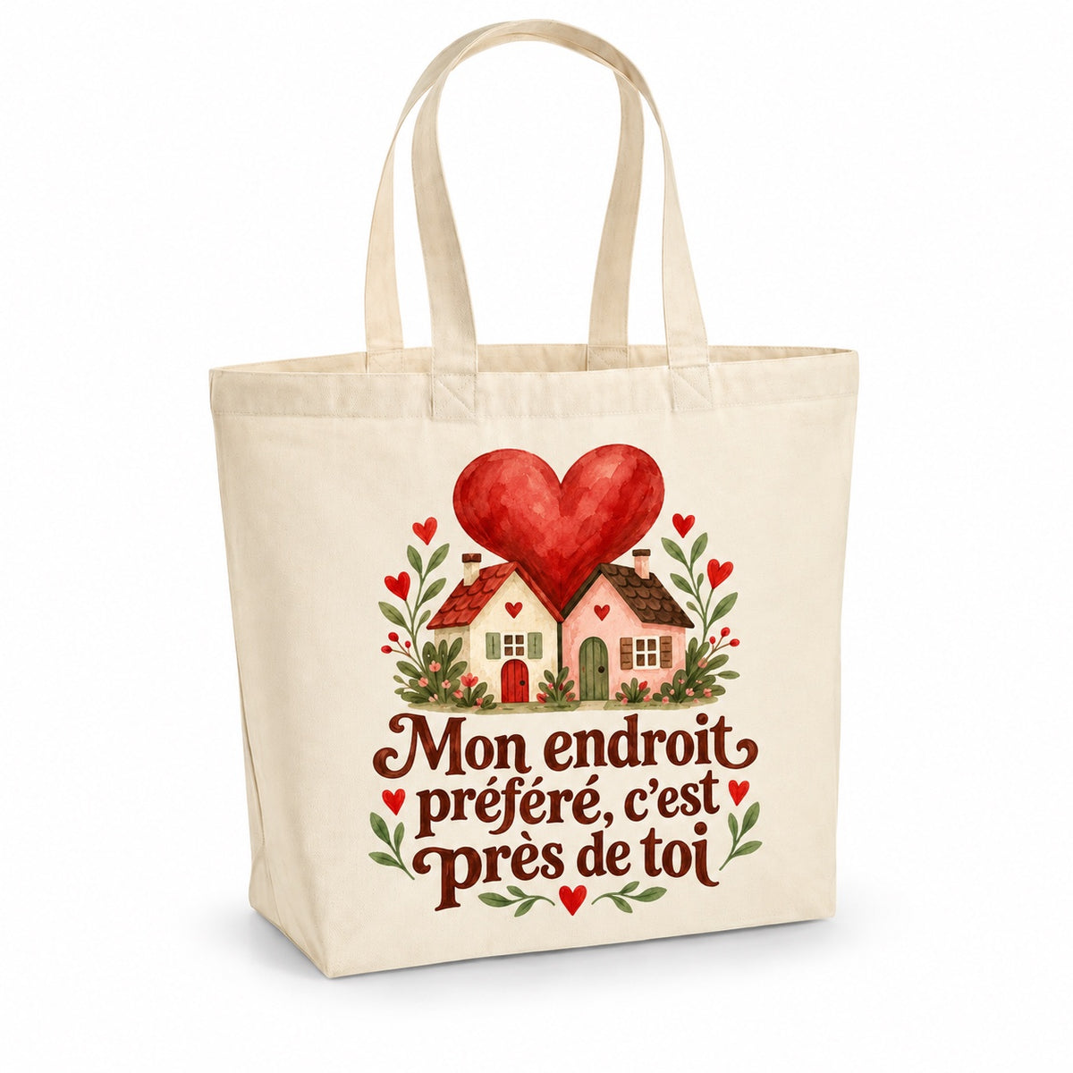 Tote bag « Mon endroit préféré, c’est près de toi » Premium, cabas à soufflet en coton naturel 200 g/m² de 18 litres, illustration aquarelle rétro