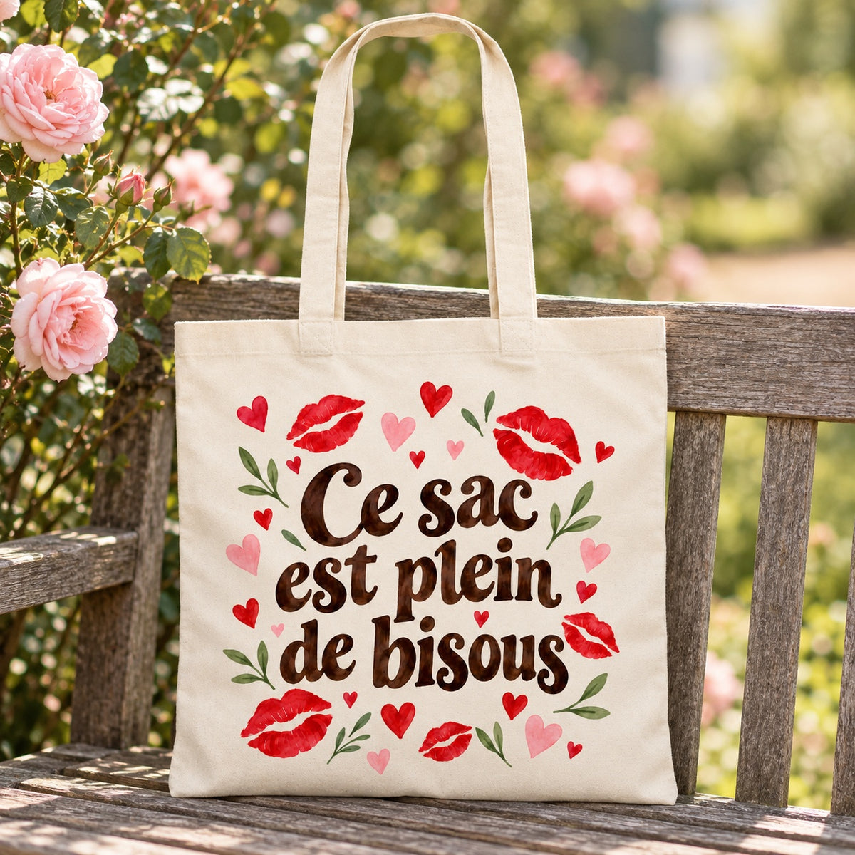 Tote bag « Ce sac est plein de bisous » Essentiel appuyé contre un banc de jardin près d'un rosier
