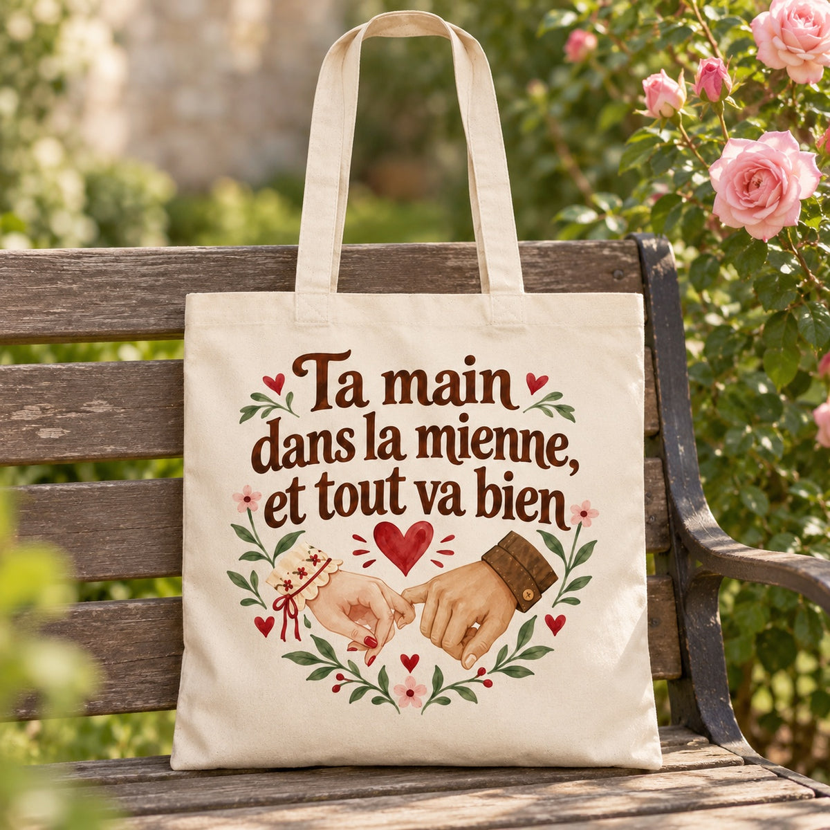 Tote bag « Ta main dans la mienne, et tout va bien » Essentiel appuyé contre un banc de jardin près d'un rosier