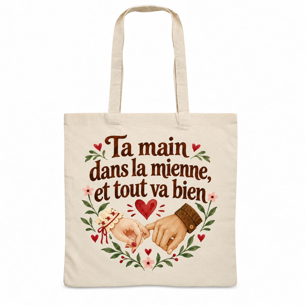 Tote bag « Ta main dans la mienne, et tout va bien » Essentiel, sac plat en coton naturel 140 g/m² de 38 × 42 cm, illustration aquarelle rétro : deux mains liées par le petit doigt