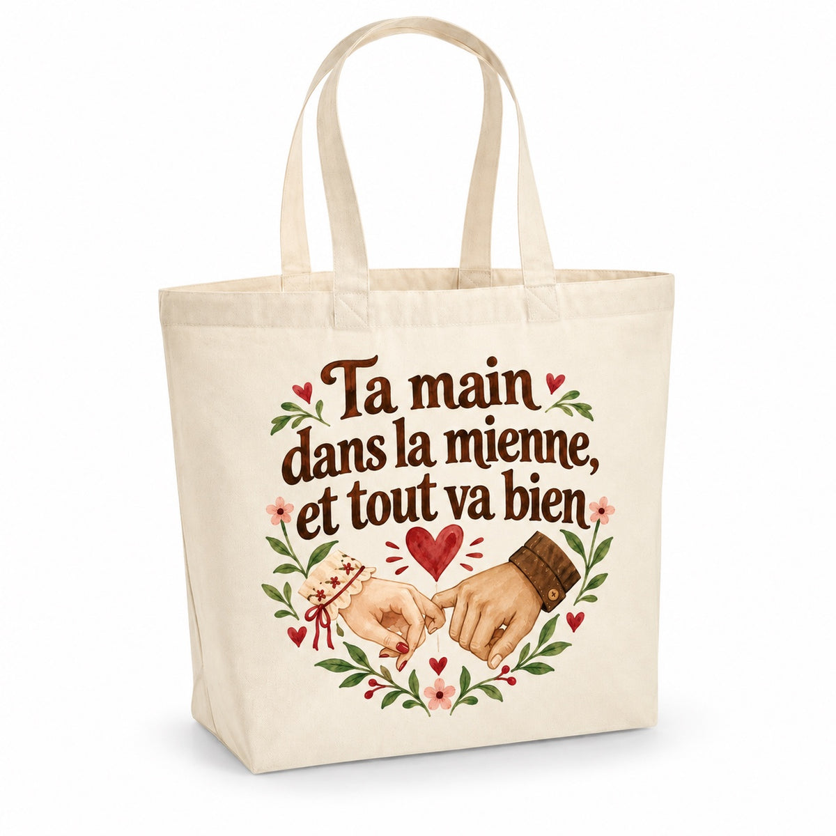 Tote bag « Ta main dans la mienne, et tout va bien » Premium, cabas à soufflet en coton naturel 200 g/m² de 18 litres, illustration aquarelle rétro