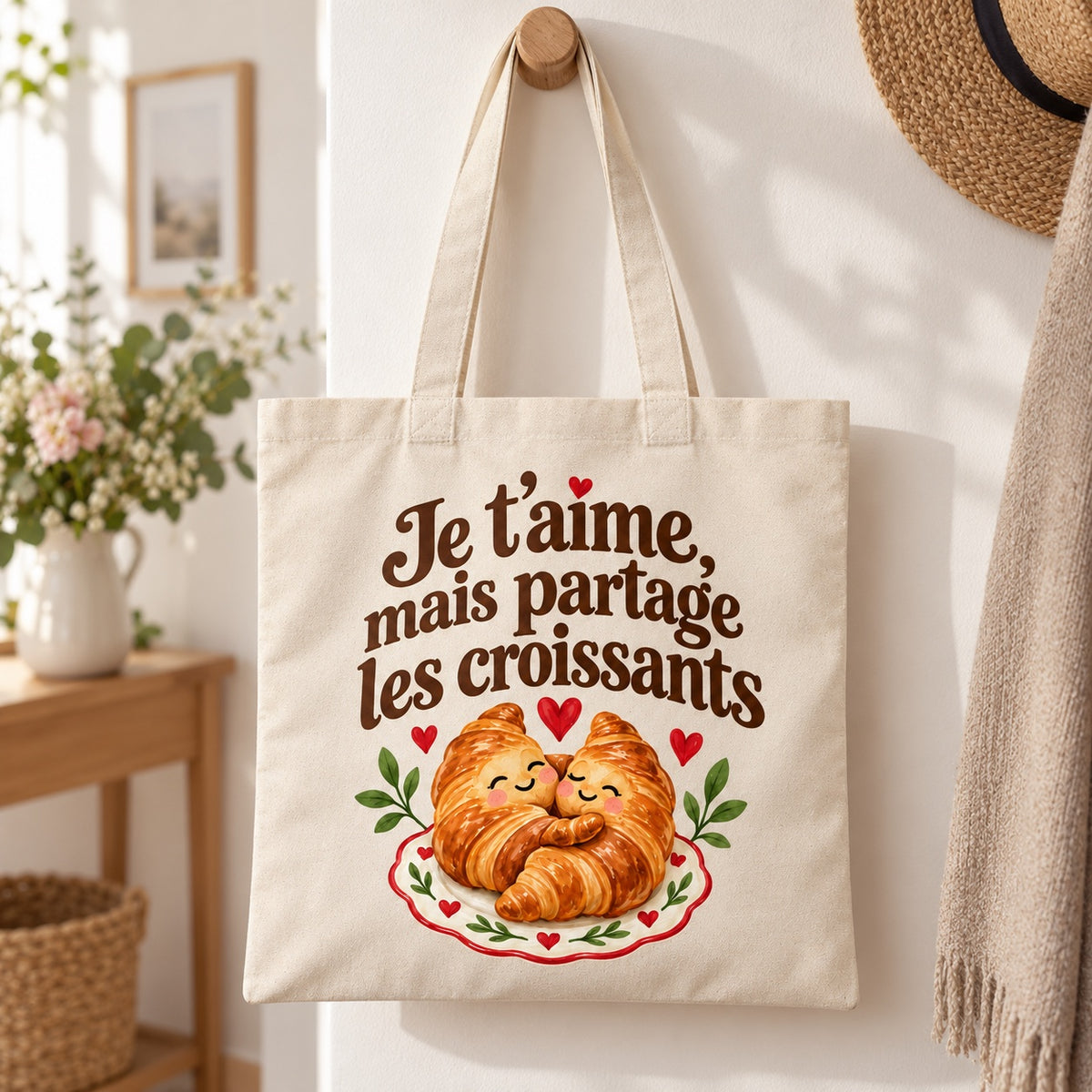 Tote bag « Je t’aime, mais partage les croissants » Essentiel suspendu à une patère dans une entrée lumineuse
