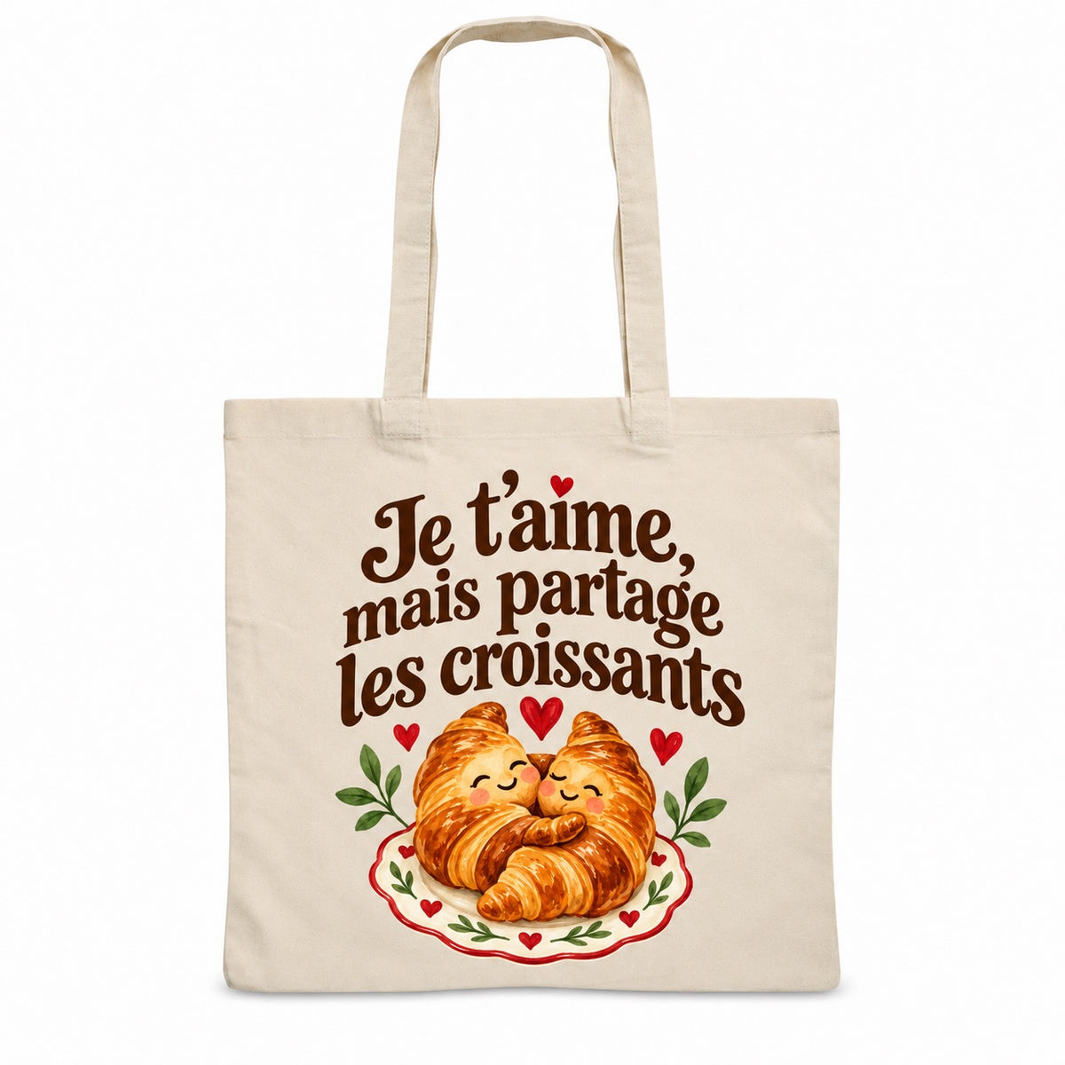 Tote bag « Je t’aime, mais partage les croissants » Essentiel, sac plat en coton naturel 140 g/m² de 38 × 42 cm, illustration aquarelle rétro : deux croissants souriants enlacés
