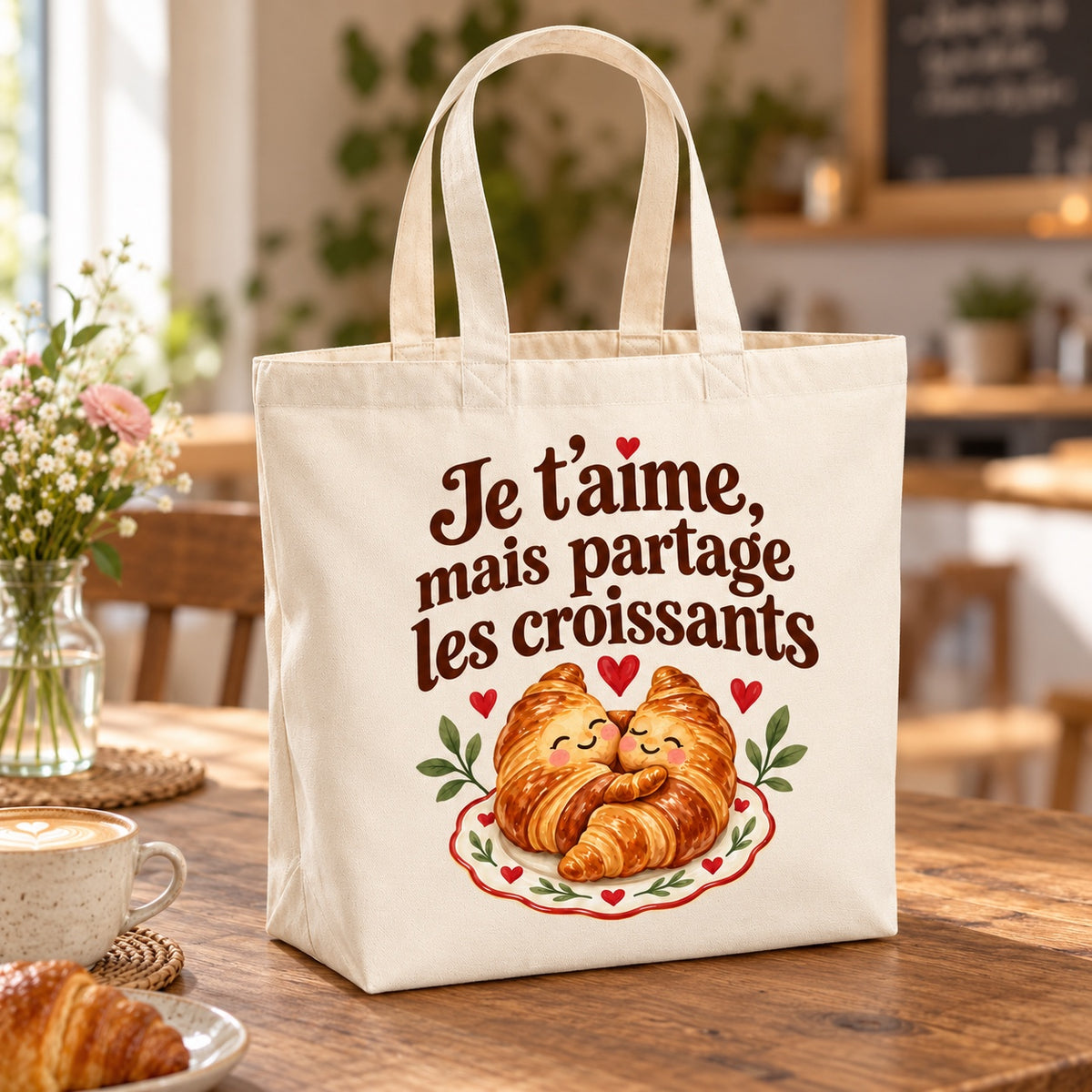 Tote bag « Je t’aime, mais partage les croissants » Premium posé sur une table de café