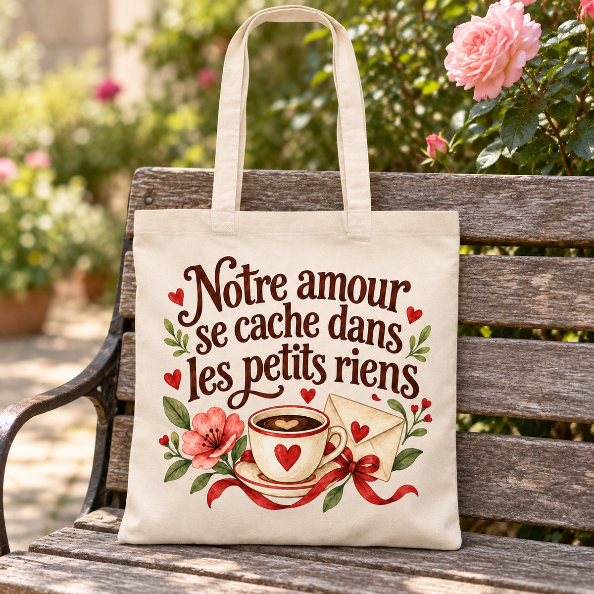 Tote bag « Notre amour se cache dans les petits riens » Essentiel appuyé contre un banc de jardin près d'un rosier