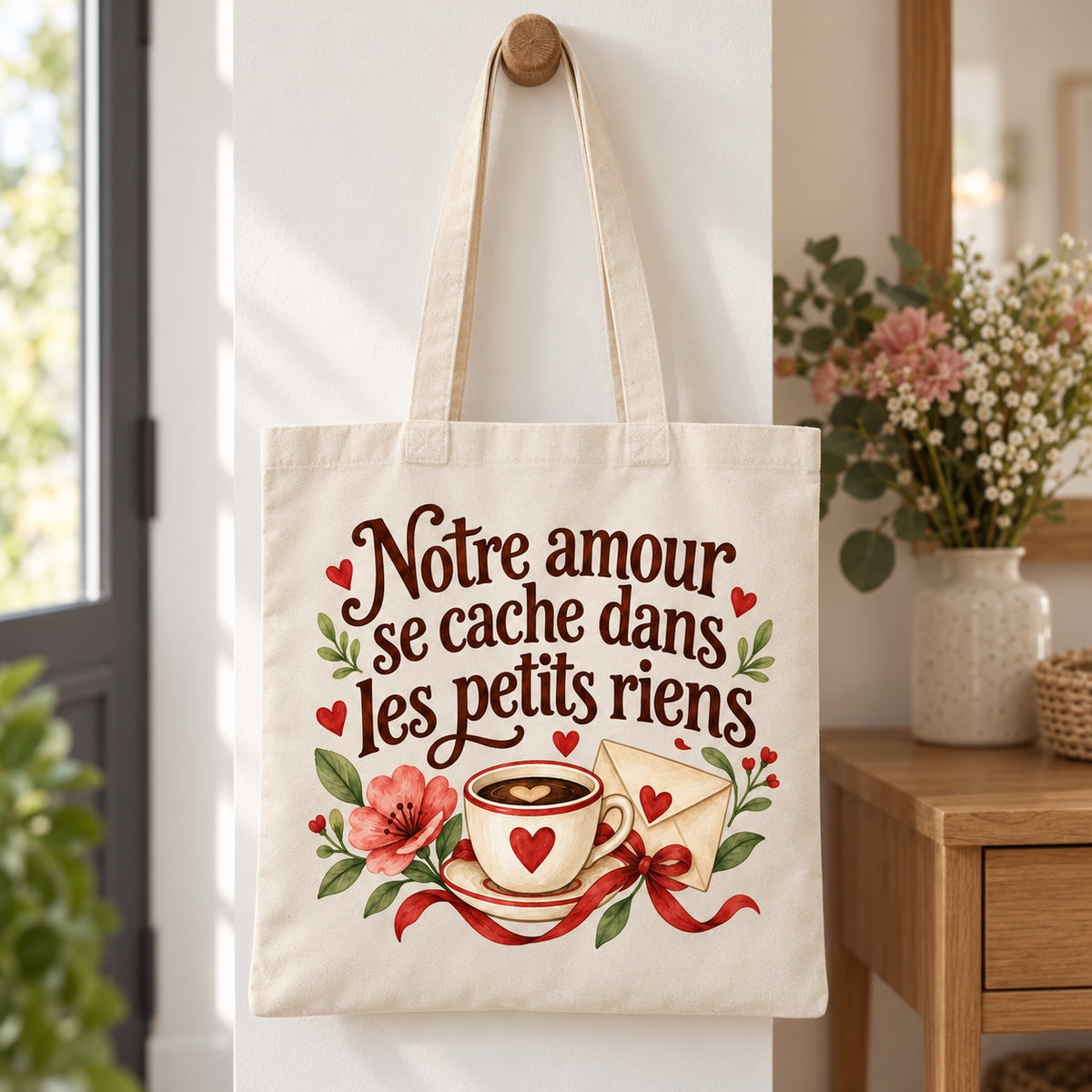 Tote bag « Notre amour se cache dans les petits riens » Essentiel suspendu à une patère dans une entrée lumineuse