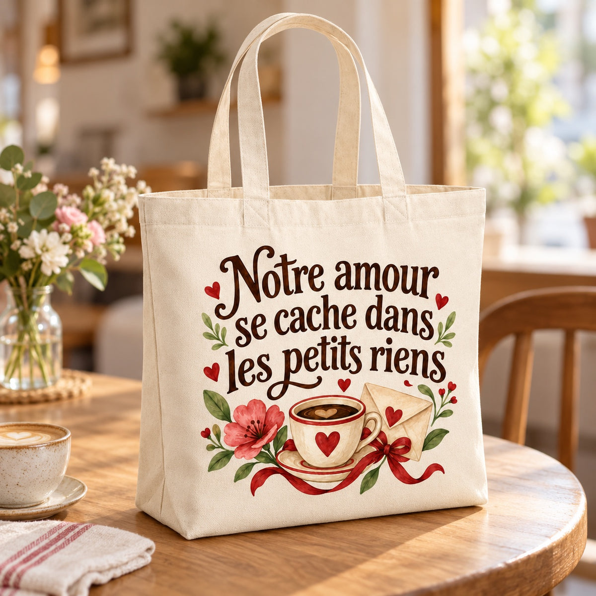 Tote bag « Notre amour se cache dans les petits riens » Premium posé sur une table de café