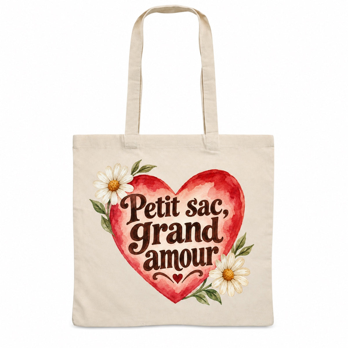 Tote bag « Petit sac, grand amour » Essentiel, sac plat en coton naturel 140 g/m² de 38 × 42 cm, illustration aquarelle rétro : un grand cœur aquarelle et des marguerites