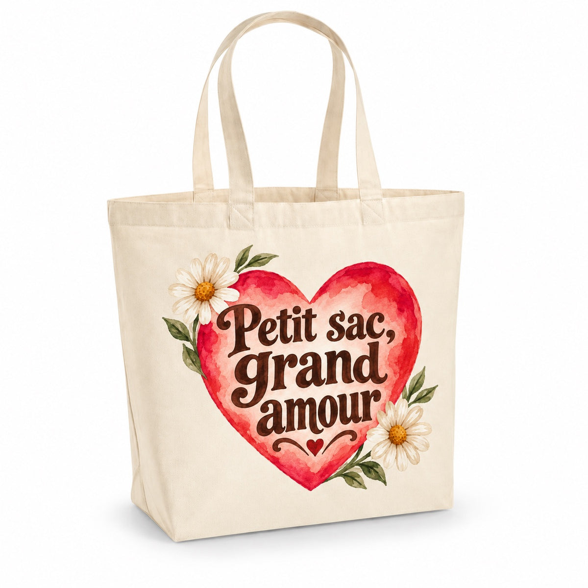 Tote bag « Petit sac, grand amour » Premium, cabas à soufflet en coton naturel 200 g/m² de 18 litres, illustration aquarelle rétro