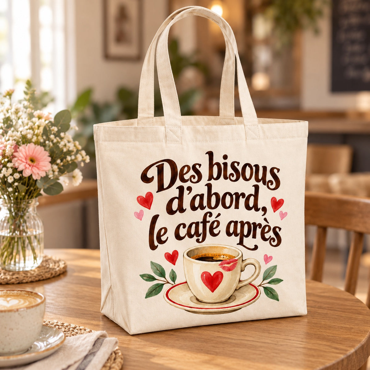 Tote bag « Des bisous d’abord, le café après » Premium posé sur une table de café
