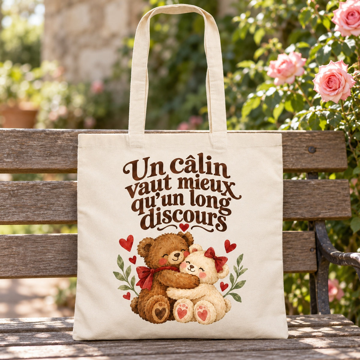 Tote bag « Un câlin vaut mieux qu’un long discours » Essentiel appuyé contre un banc de jardin près d'un rosier