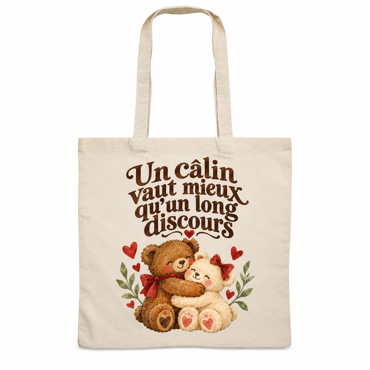 Tote bag « Un câlin vaut mieux qu’un long discours » Essentiel, sac plat en coton naturel 140 g/m² de 38 × 42 cm, illustration aquarelle rétro : deux oursons qui se font un câlin