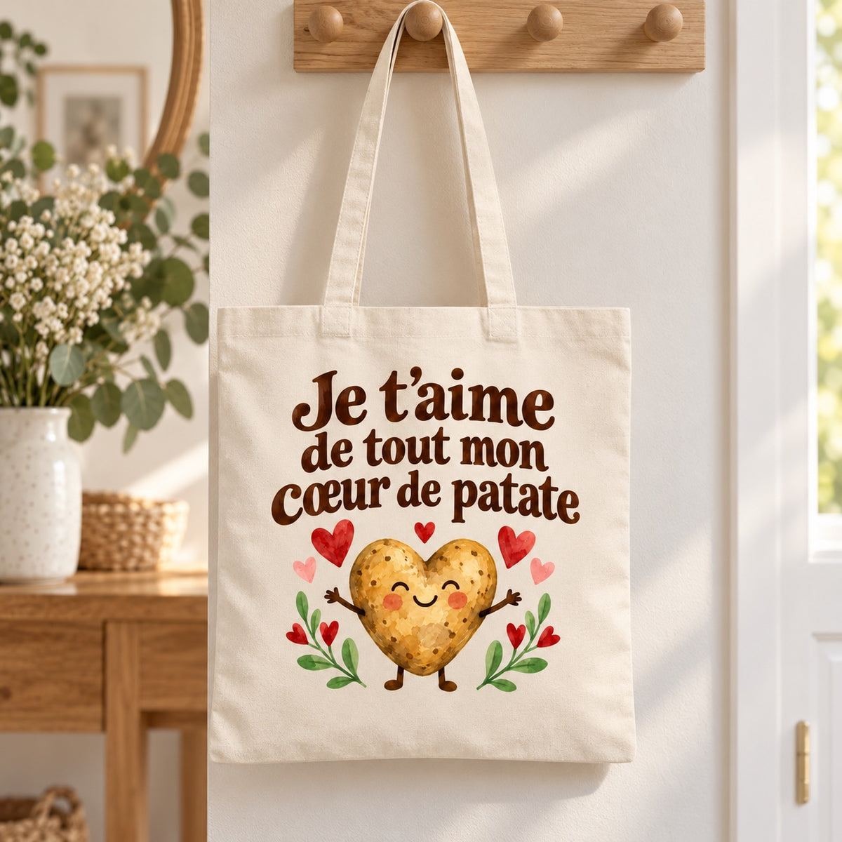 Tote bag « Je t’aime de tout mon cœur de patate » Essentiel suspendu à une patère dans une entrée lumineuse