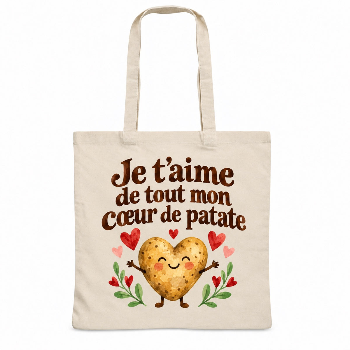 Tote bag « Je t’aime de tout mon cœur de patate » Essentiel, sac plat en coton naturel 140 g/m² de 38 × 42 cm, illustration aquarelle rétro : une patate souriante en forme de cœur