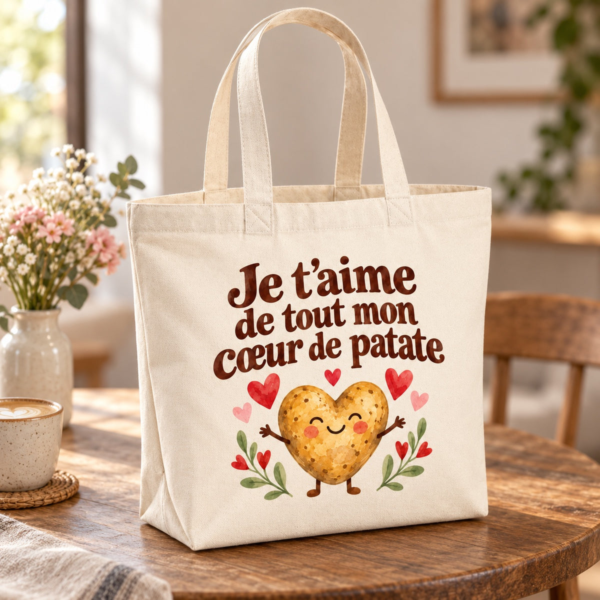 Tote bag « Je t’aime de tout mon cœur de patate » Premium posé sur une table de café