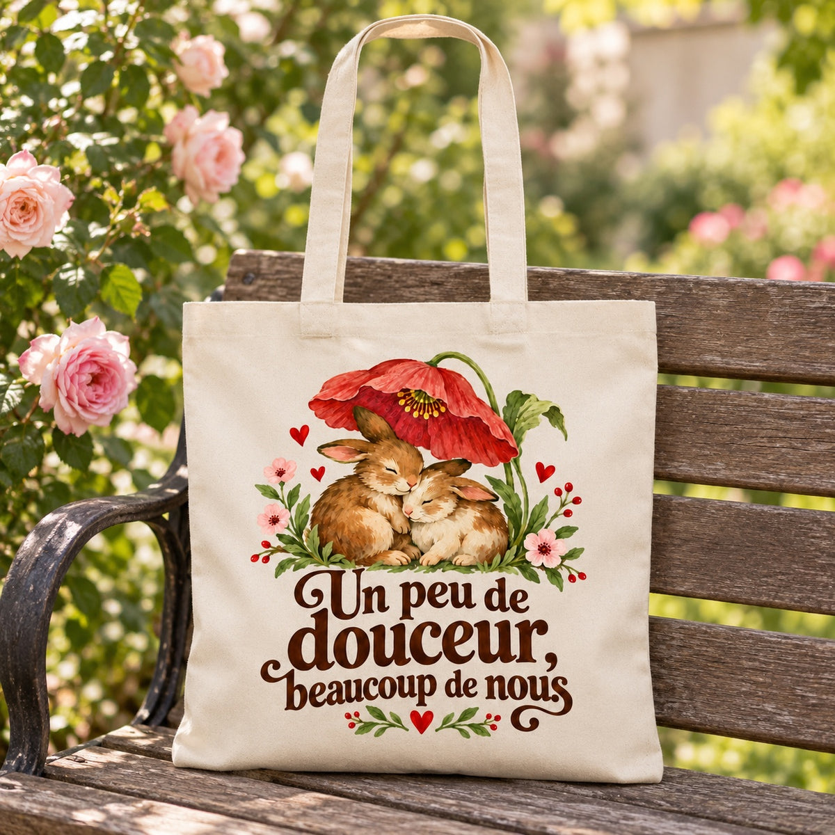 Tote bag « Un peu de douceur, beaucoup de nous » Essentiel appuyé contre un banc de jardin près d'un rosier