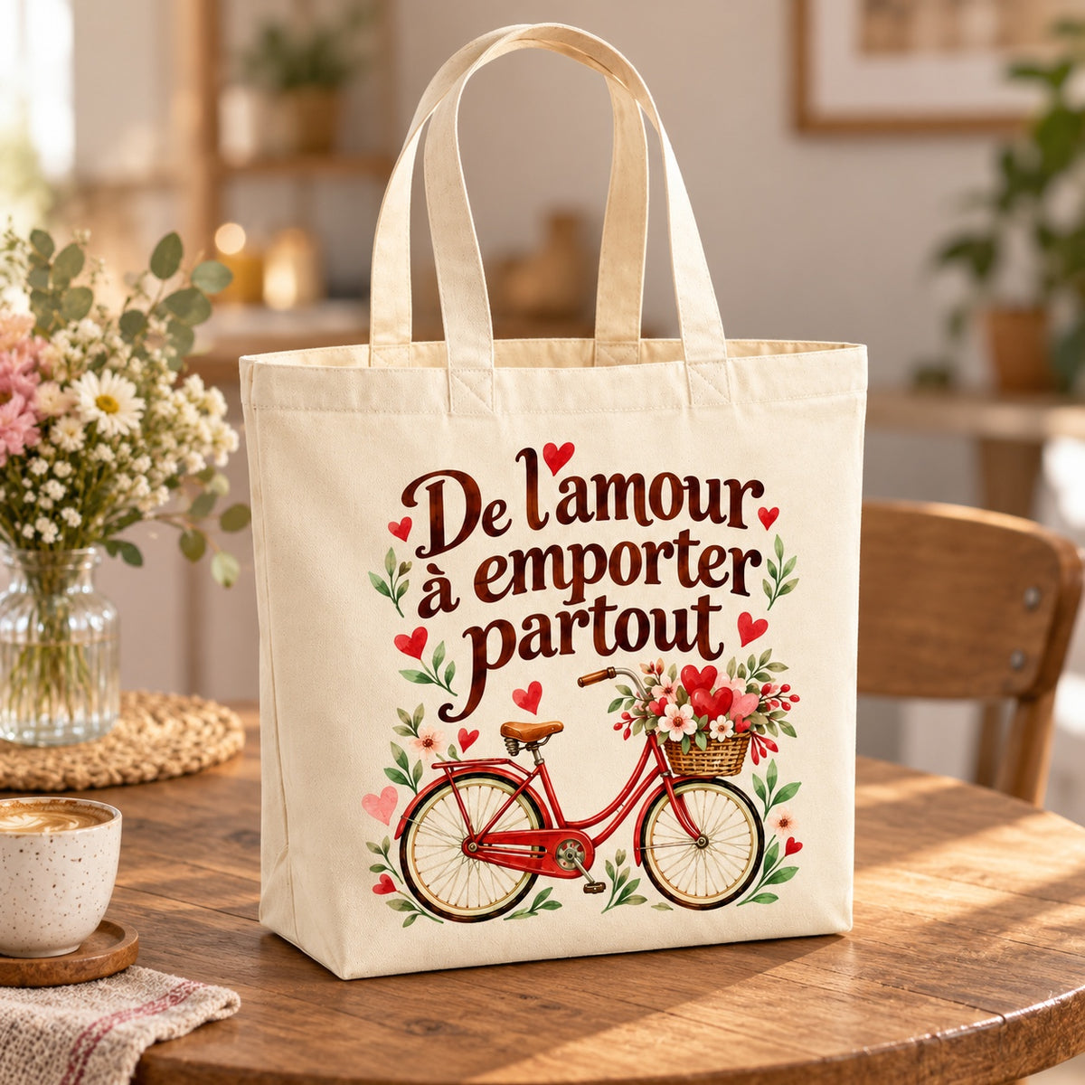 Tote bag « De l’amour à emporter partout » Premium posé sur une table de café